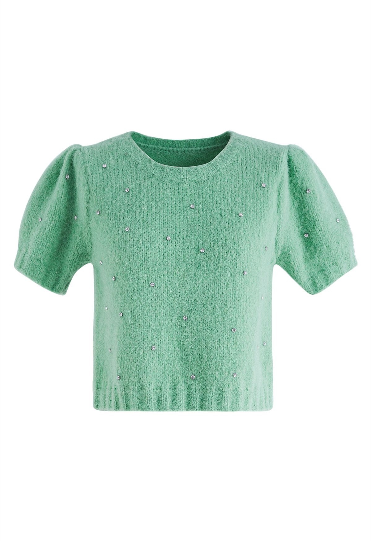 Rhinestone Embellished Fuzzy Knit Sweater in Green