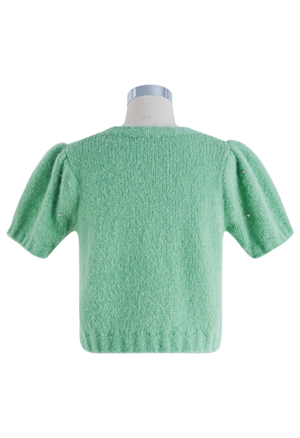 Rhinestone Embellished Fuzzy Knit Sweater in Green