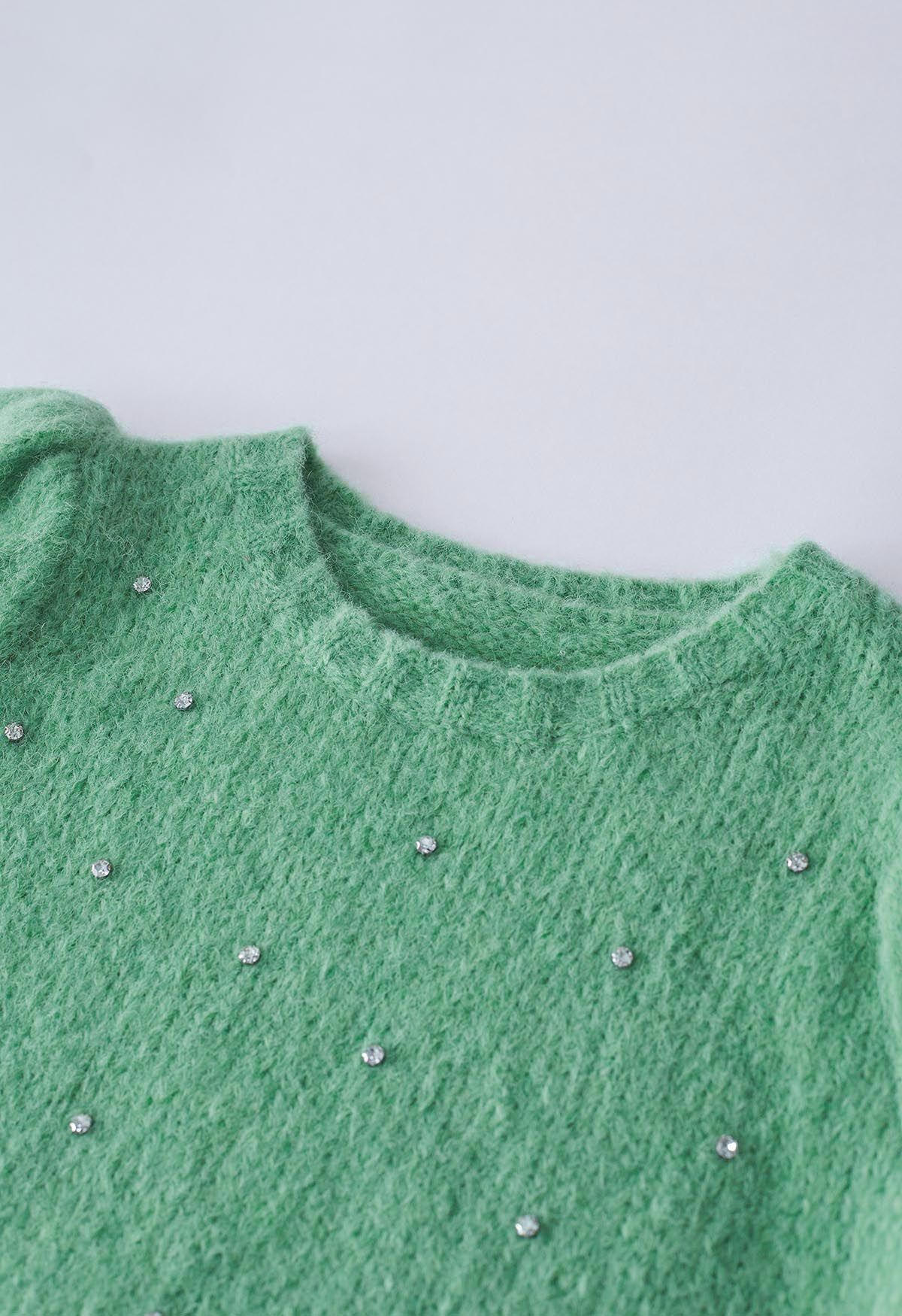 Rhinestone Embellished Fuzzy Knit Sweater in Green