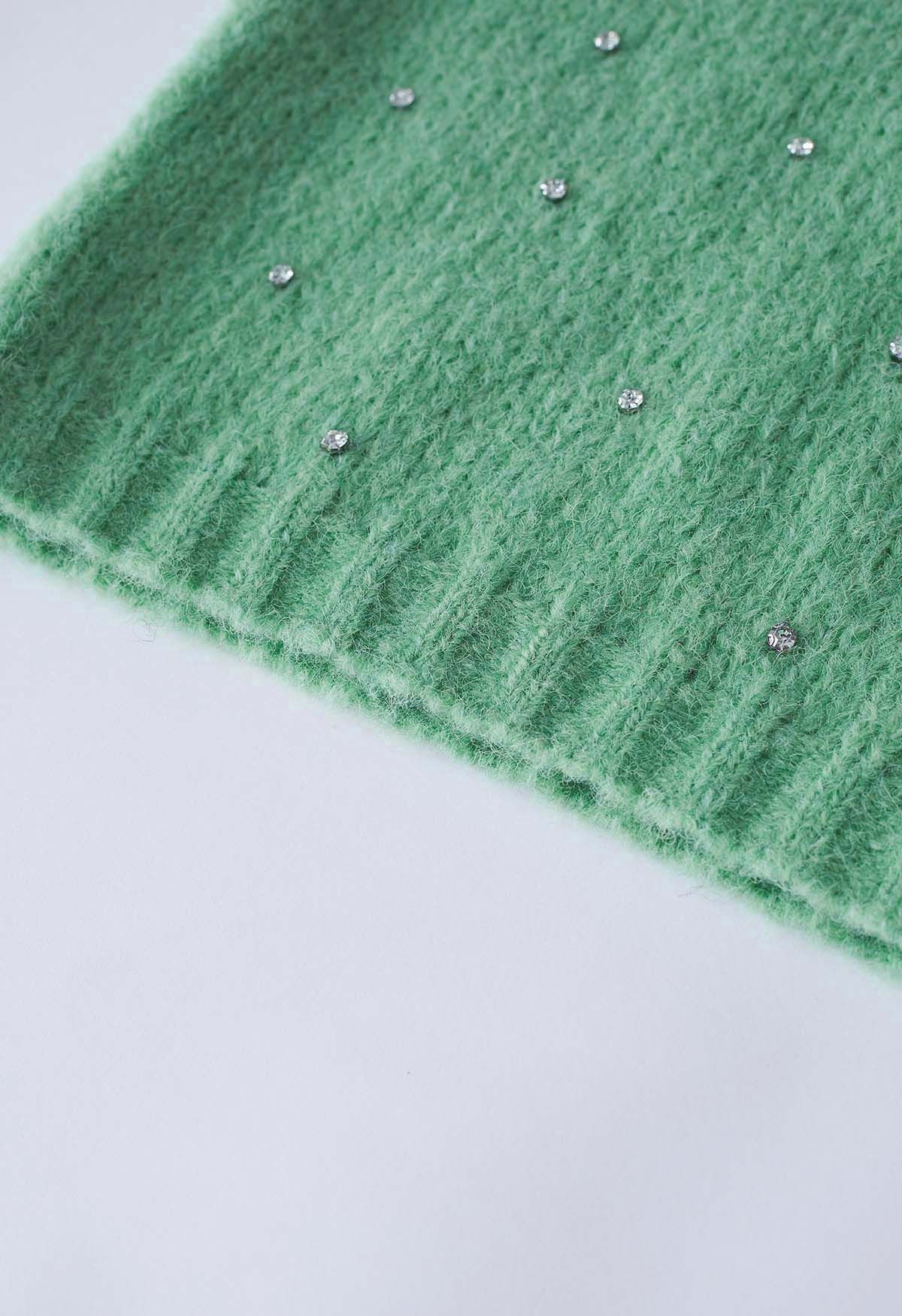 Rhinestone Embellished Fuzzy Knit Sweater in Green