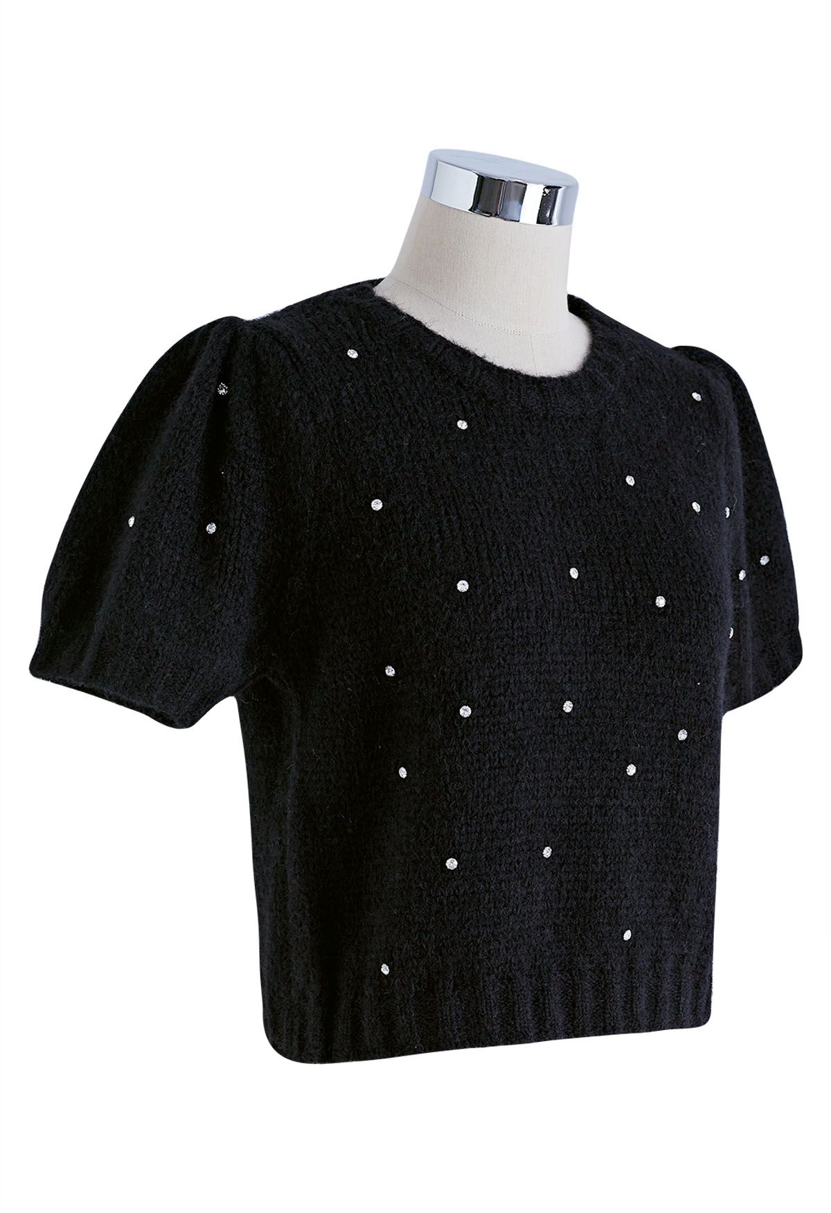 Rhinestone Embellished Fuzzy Knit Sweater in Black