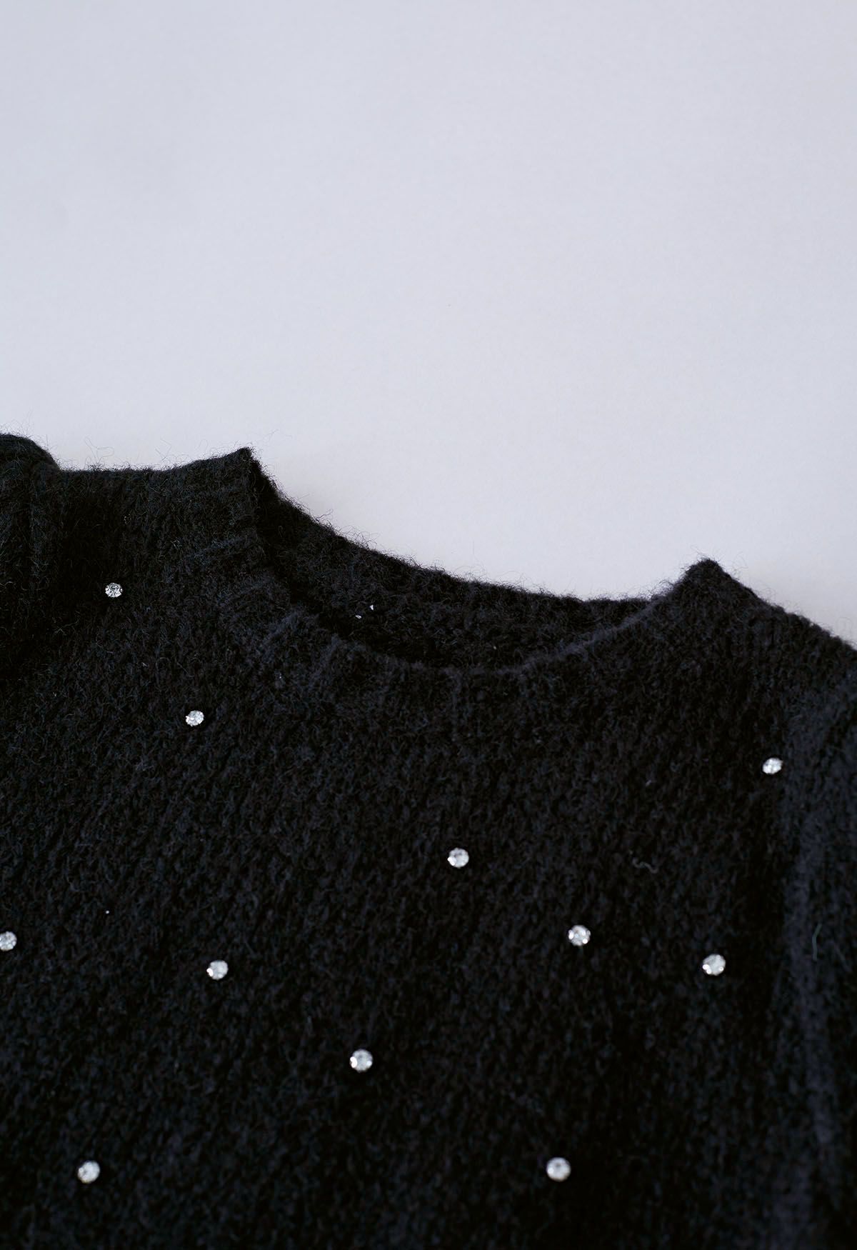 Rhinestone Embellished Fuzzy Knit Sweater in Black