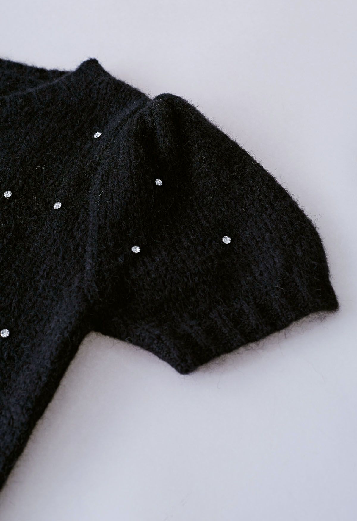 Rhinestone Embellished Fuzzy Knit Sweater in Black