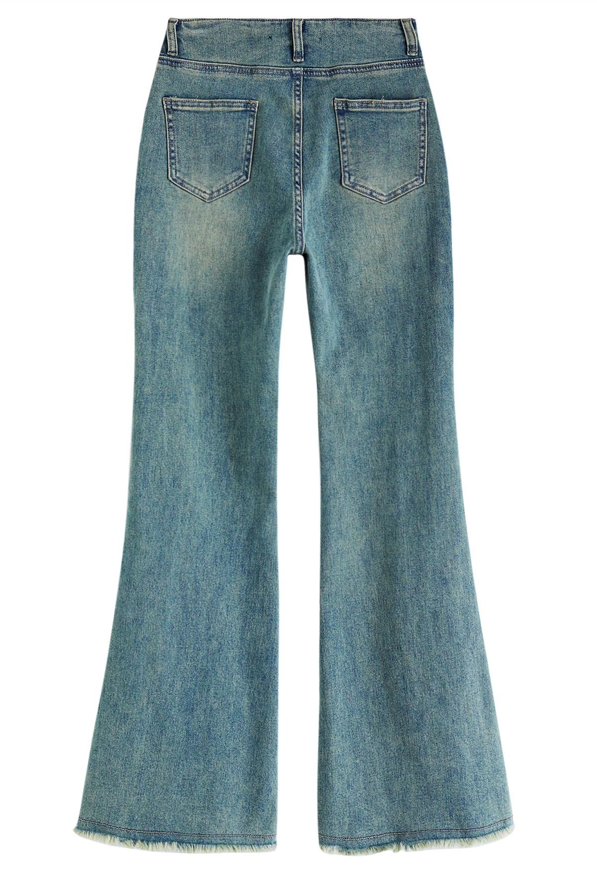 Buttoned High Waist Flare Jeans in Blue