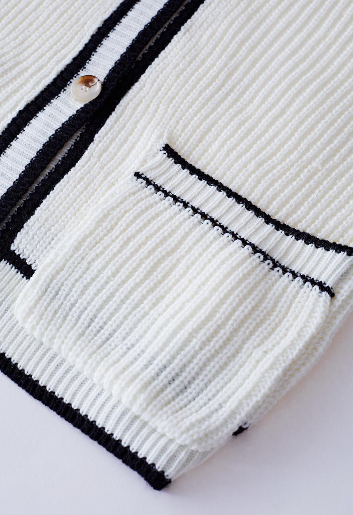 Contrast Line Patch Pocket Waffle Knit Cardigan in White