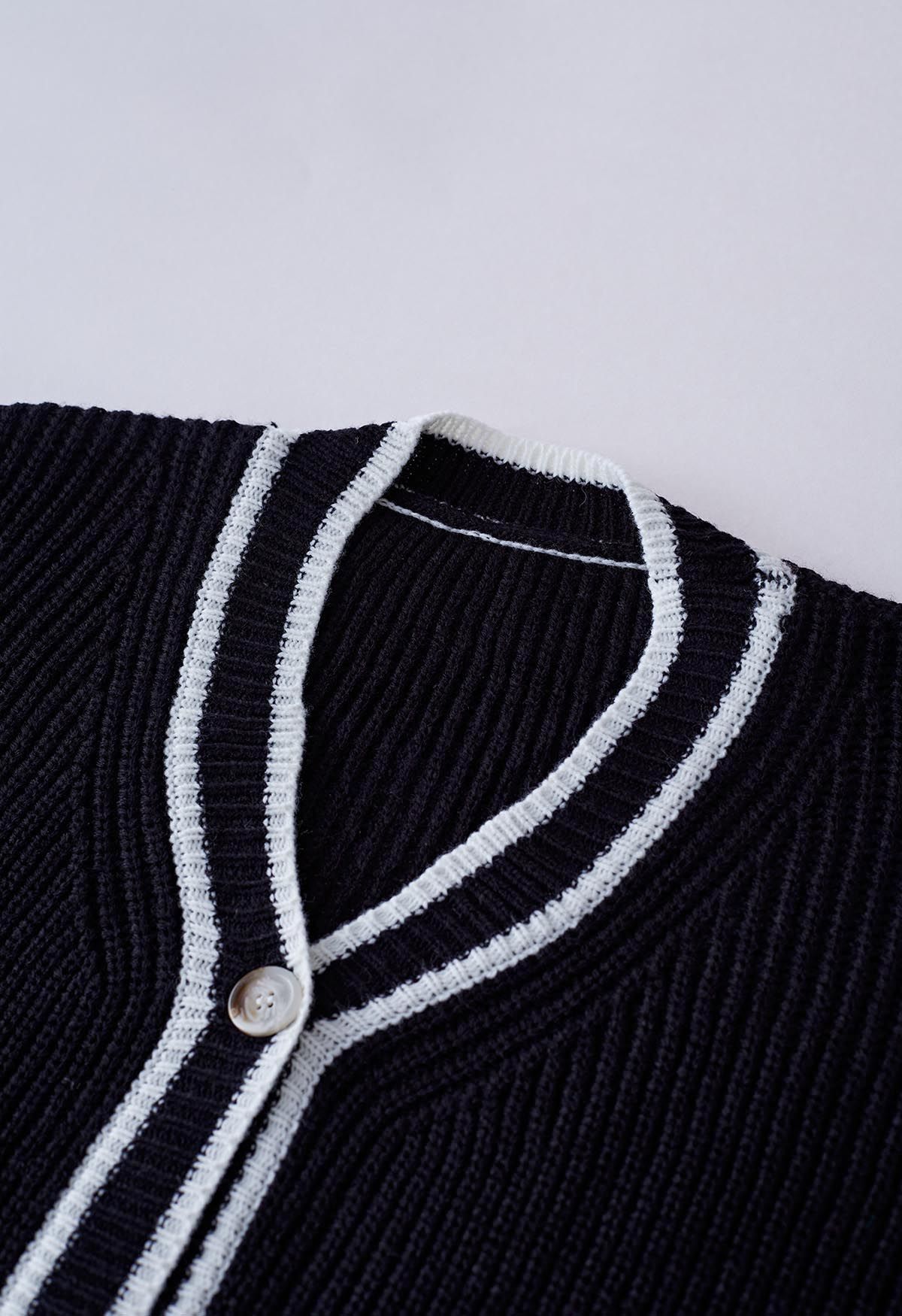 Contrast Line Patch Pocket Waffle Knit Cardigan in Black