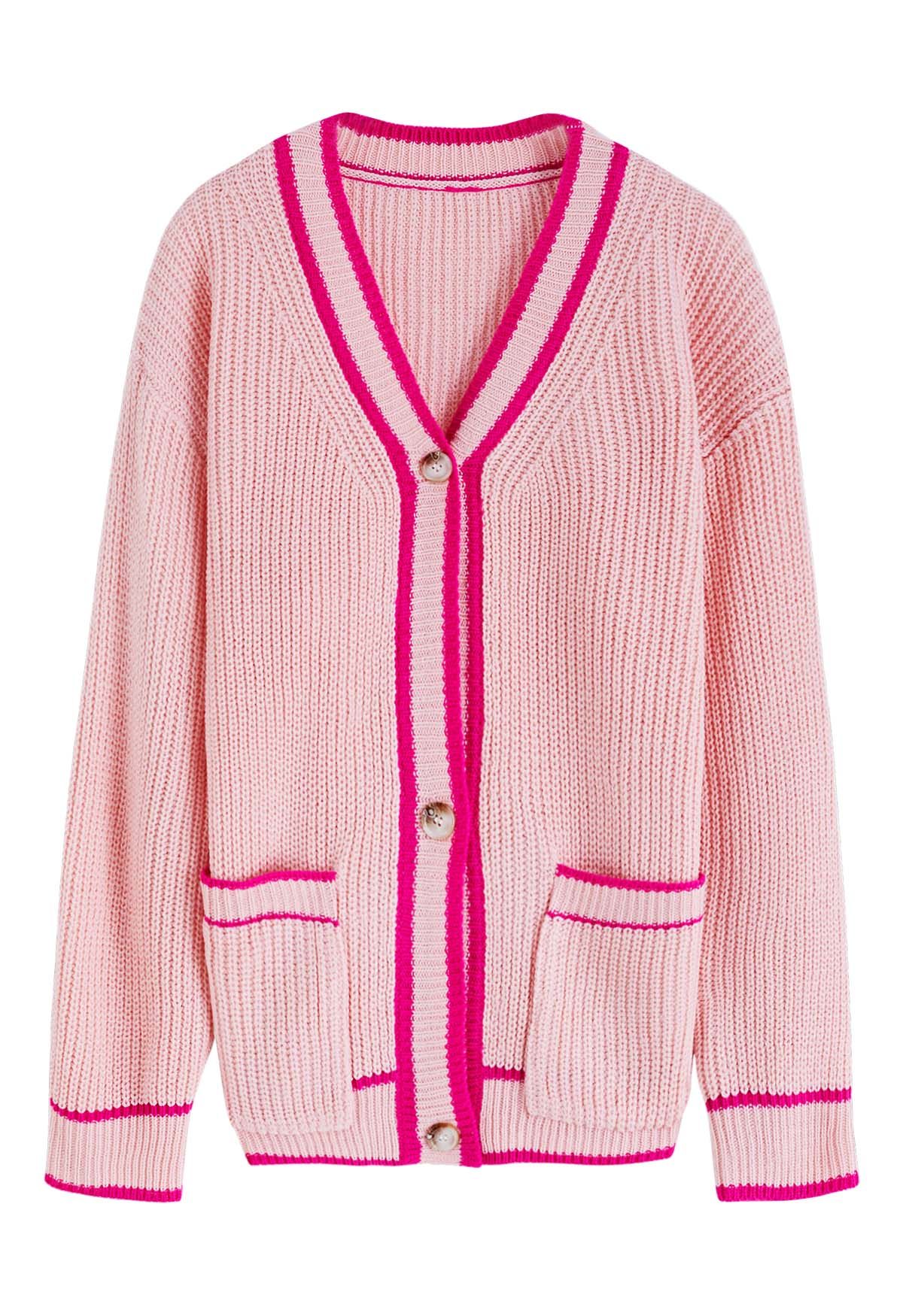 Contrast Line Patch Pocket Waffle Knit Cardigan in Pink