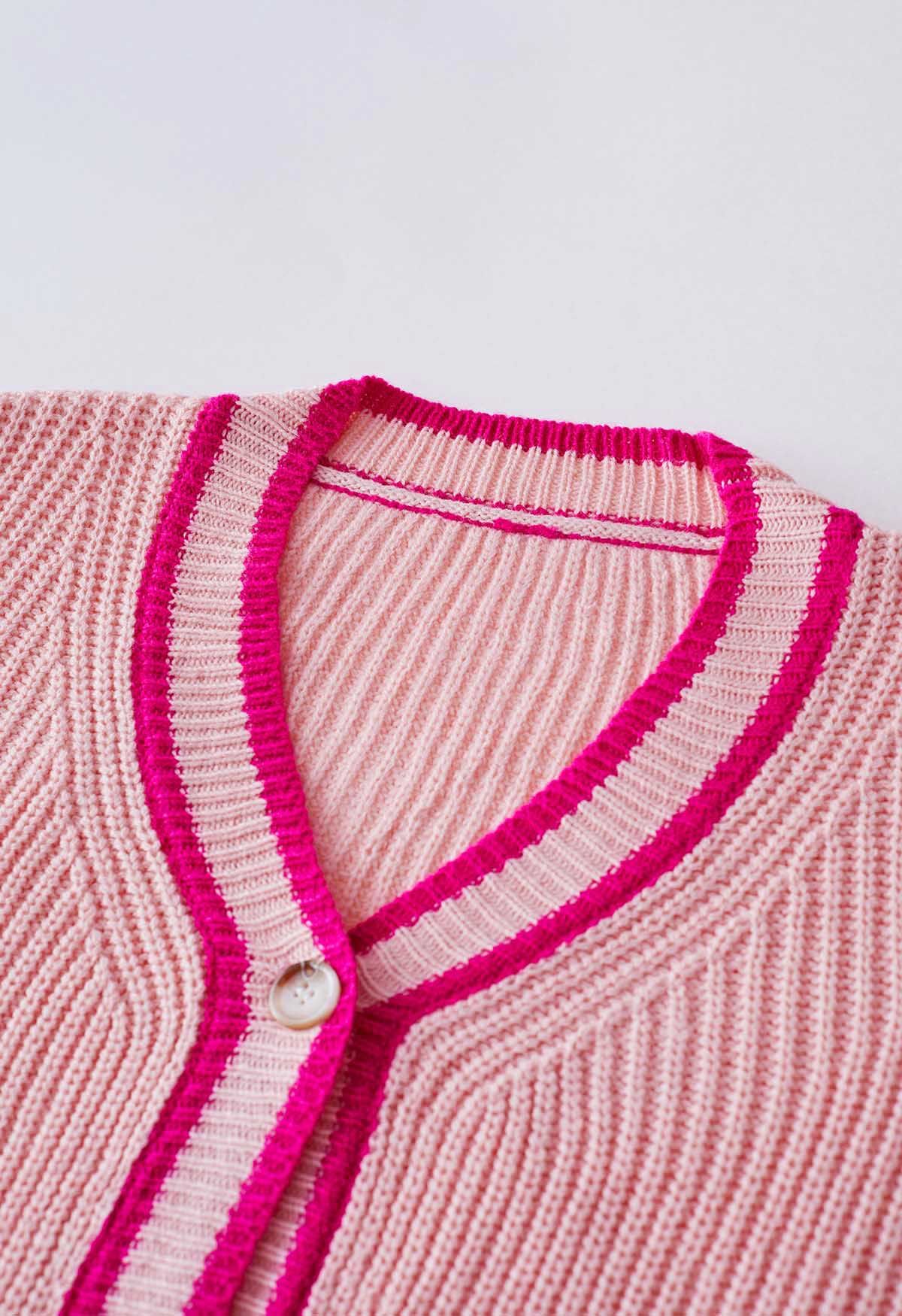 Contrast Line Patch Pocket Waffle Knit Cardigan in Pink