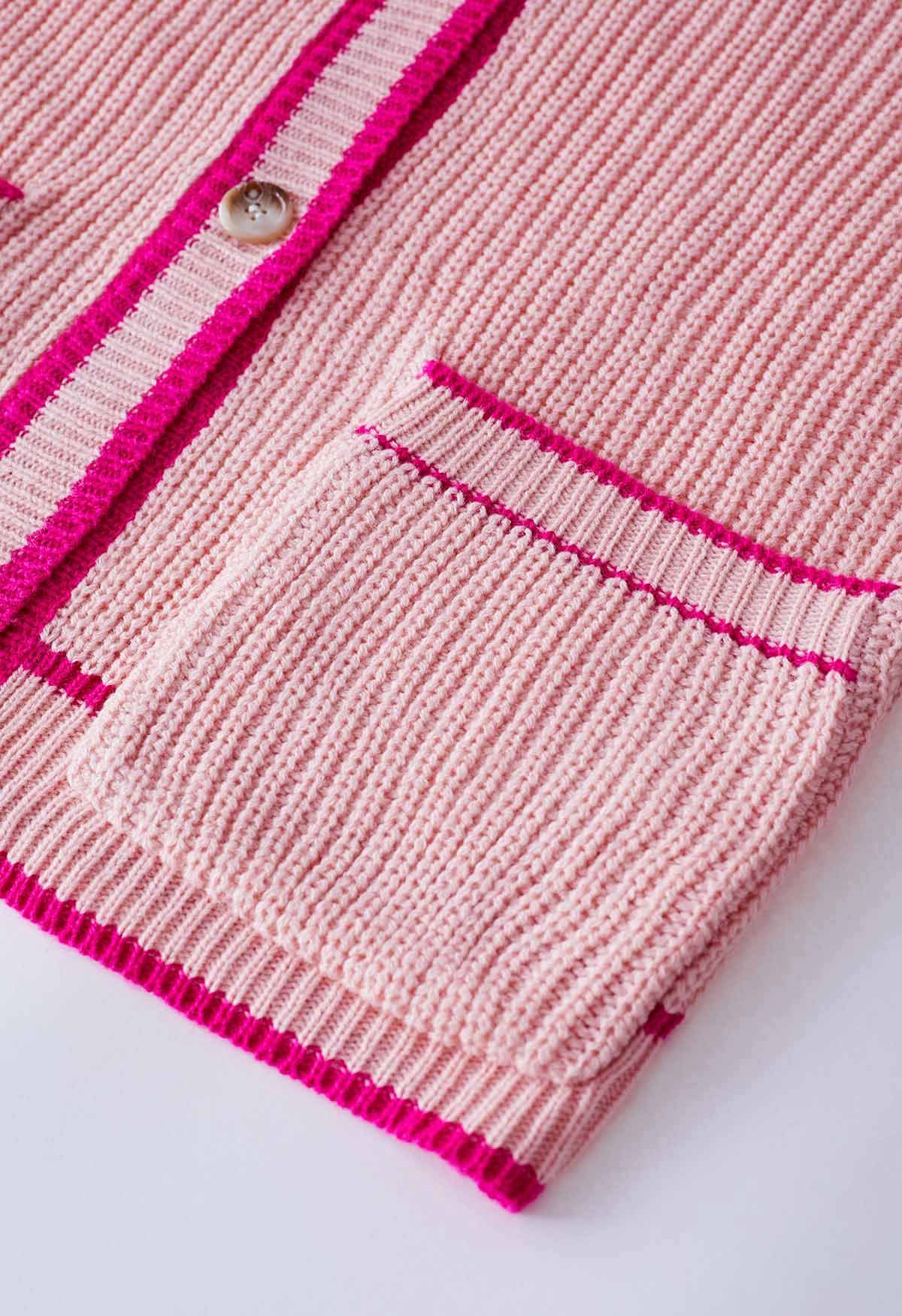 Contrast Line Patch Pocket Waffle Knit Cardigan in Pink