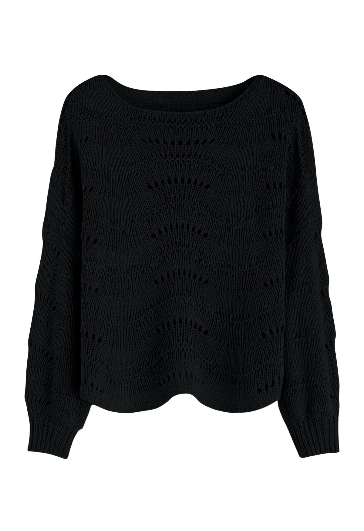 Wavy Line Openwork Knit Sweater in Black