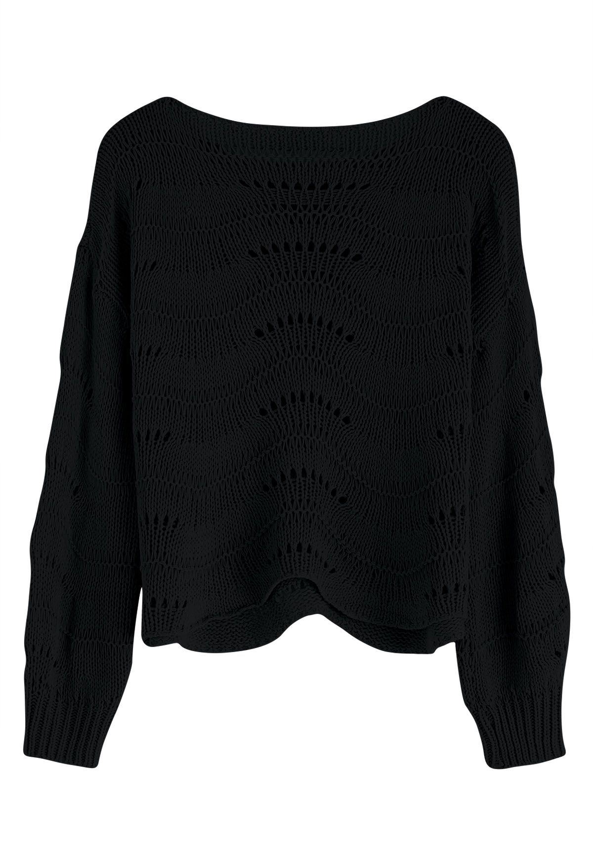 Wavy Line Openwork Knit Sweater in Black