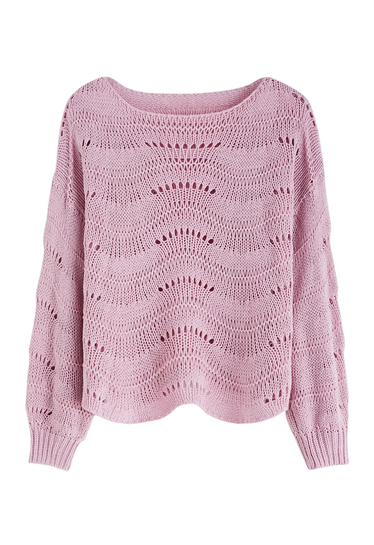 Wavy Line Openwork Knit Sweater in Pink