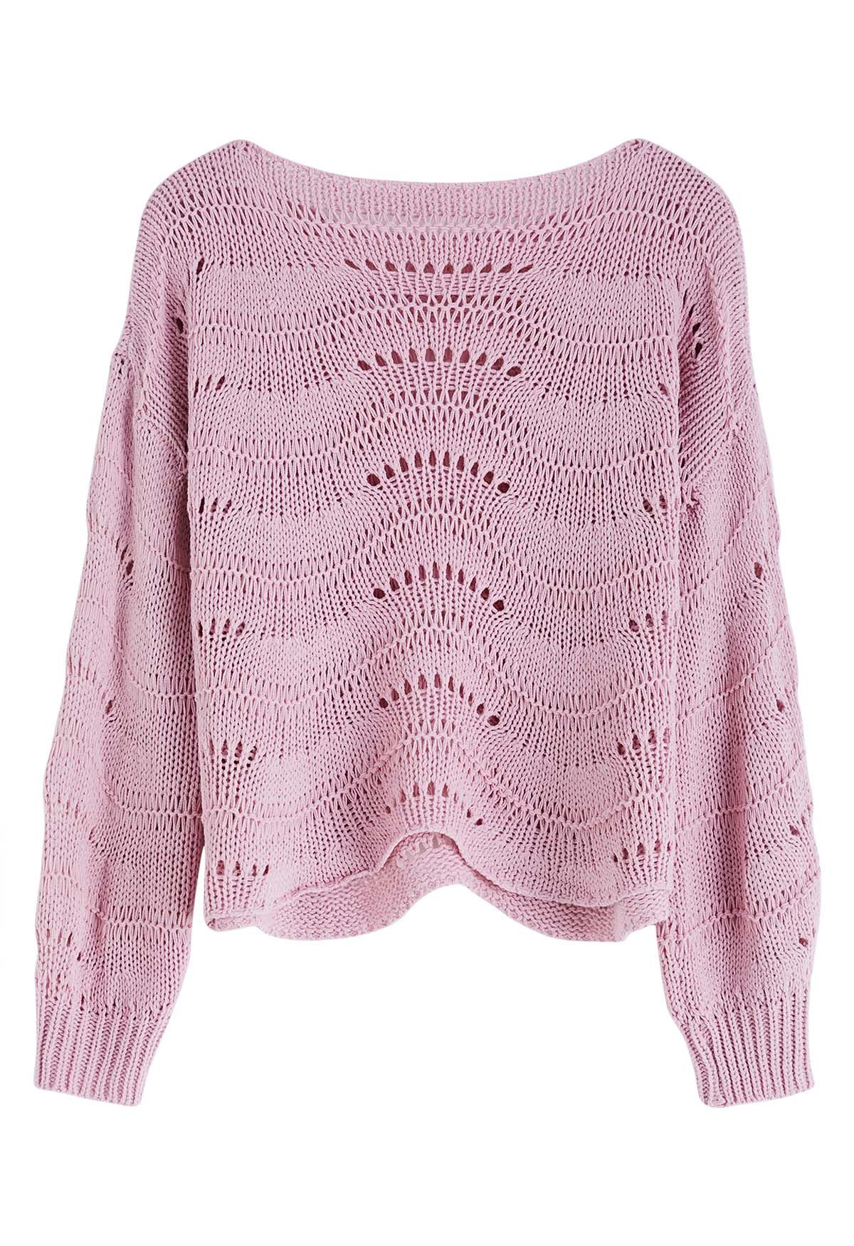 Wavy Line Openwork Knit Sweater in Pink - Retro, Indie and Unique Fashion