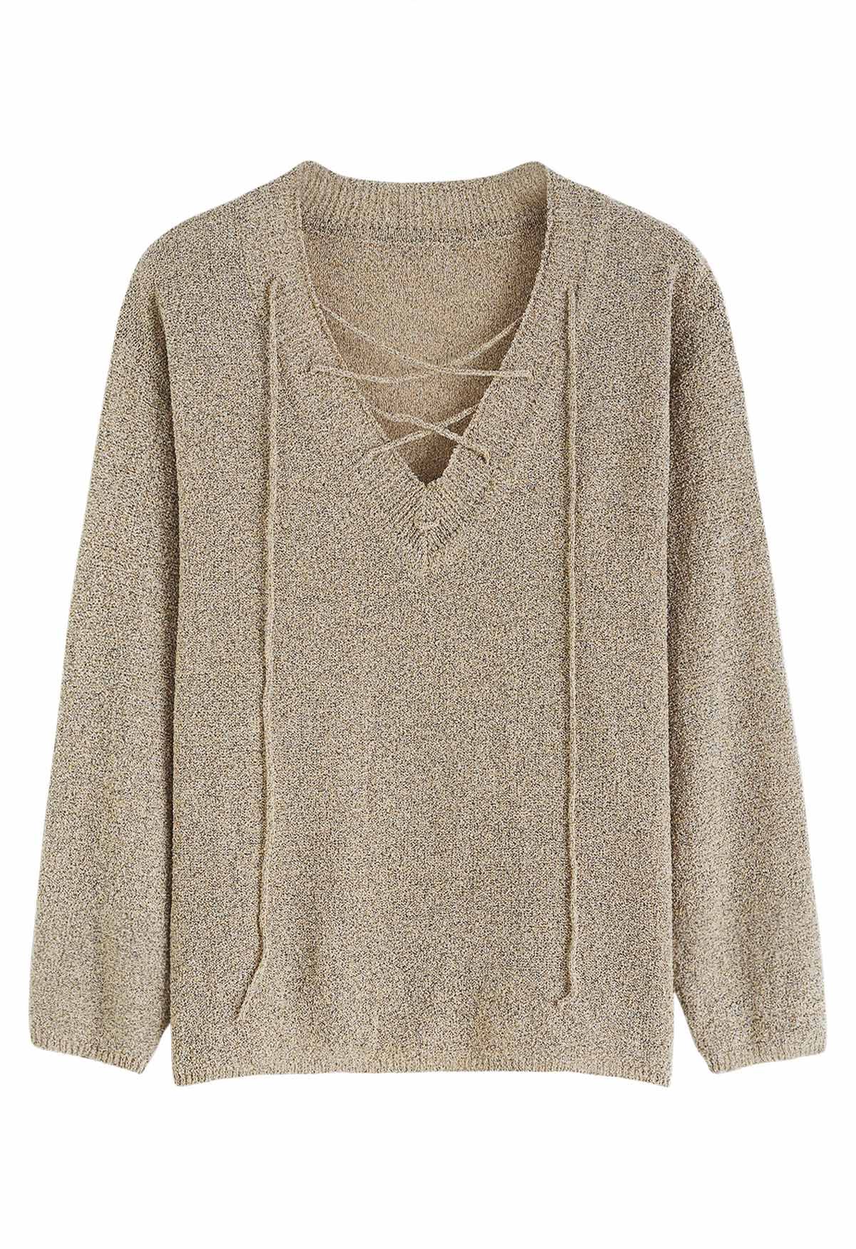 Slouchy V-Neck Lace-Up Knit Sweater in Light Tan