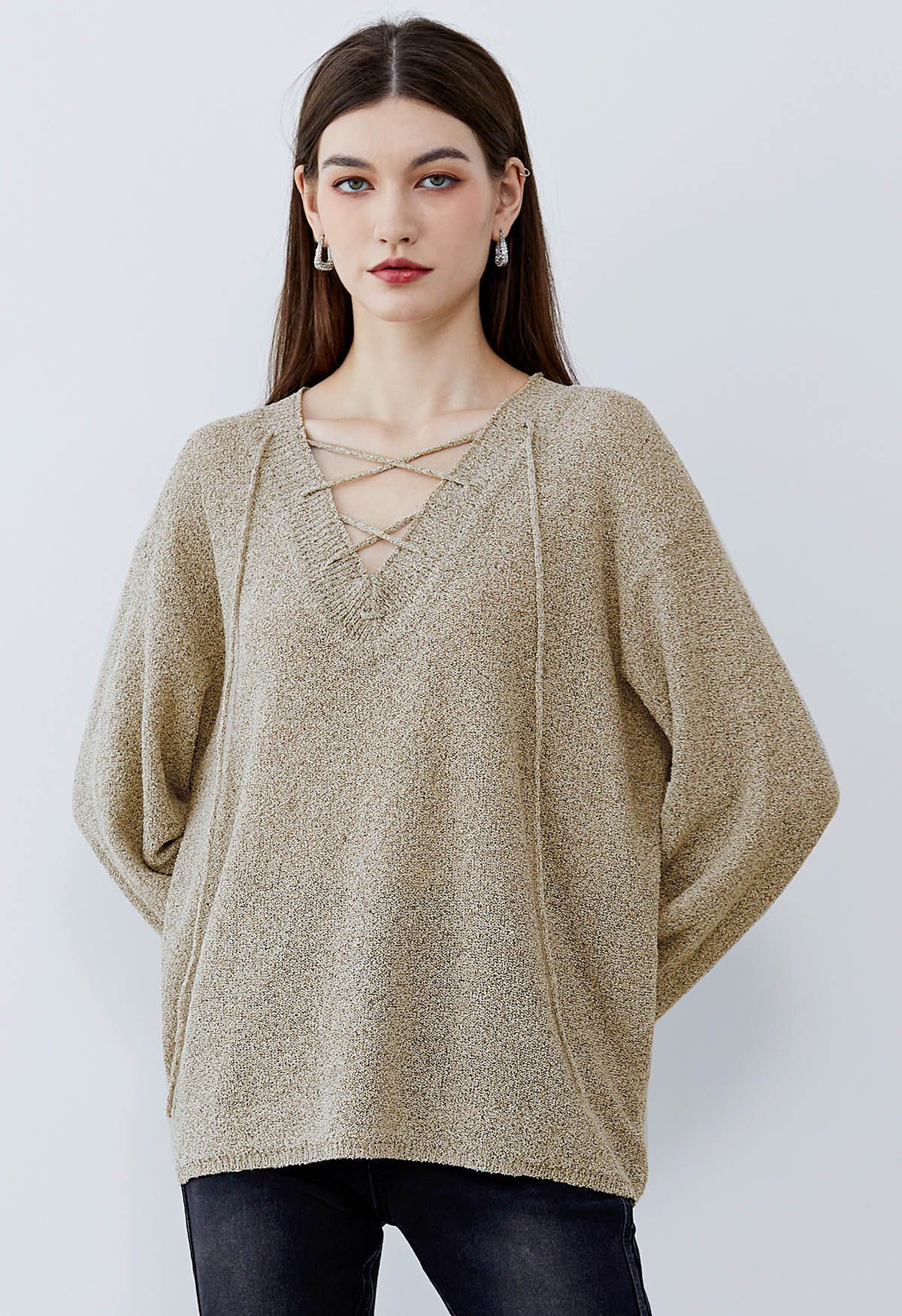 Slouchy V-Neck Lace-Up Knit Sweater in Light Tan