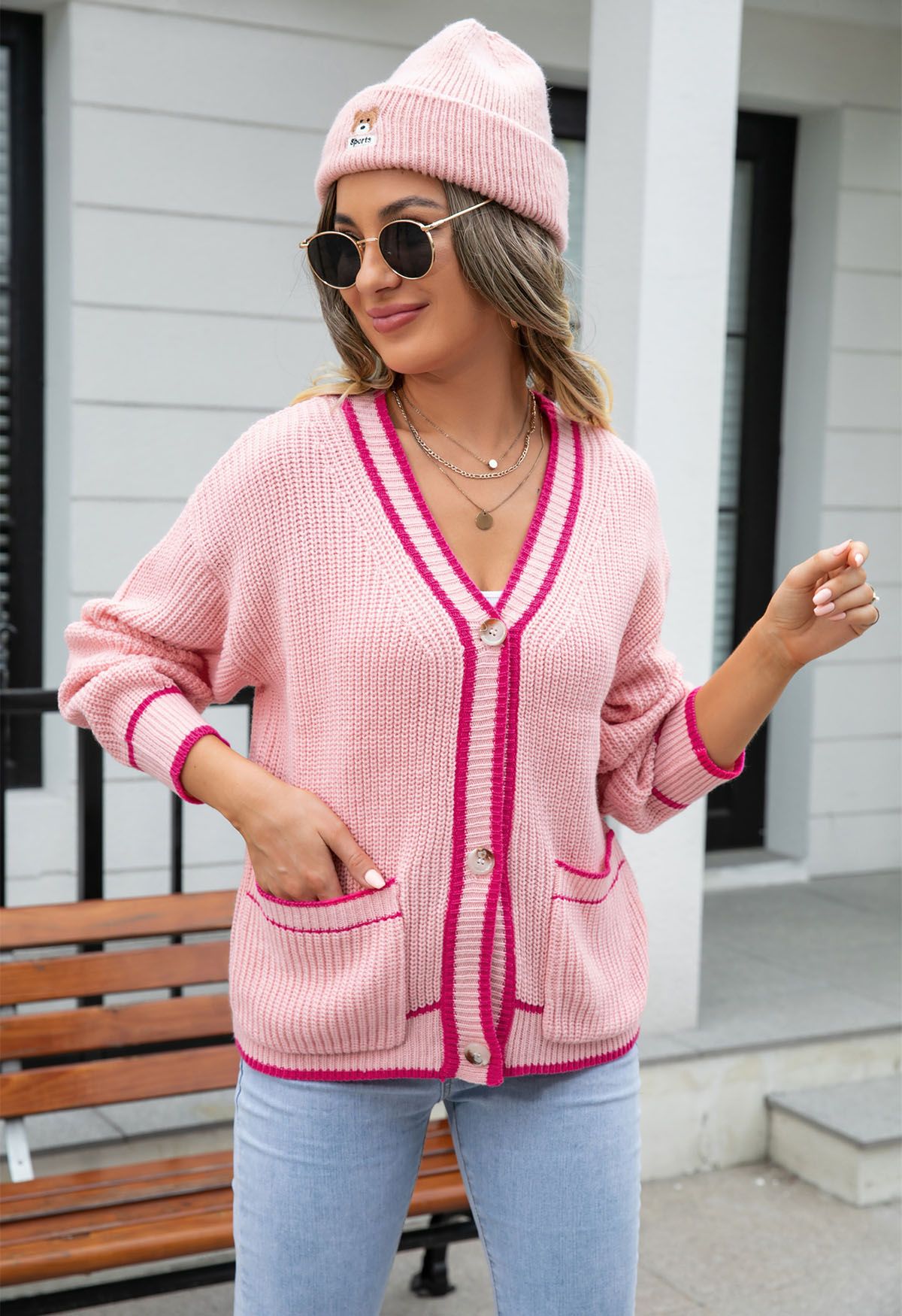 Contrast Line Patch Pocket Waffle Knit Cardigan in Pink