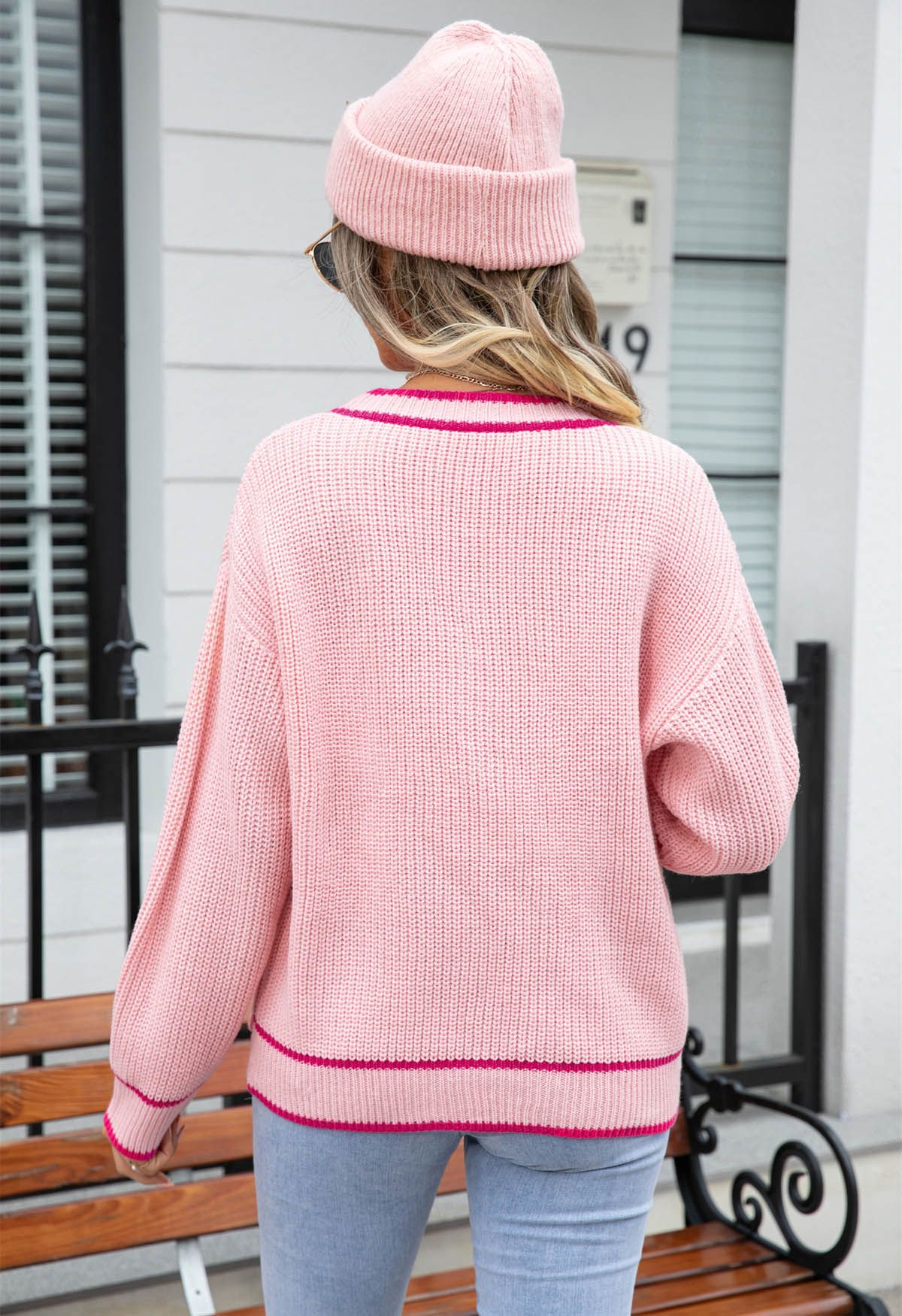 Contrast Line Patch Pocket Waffle Knit Cardigan in Pink