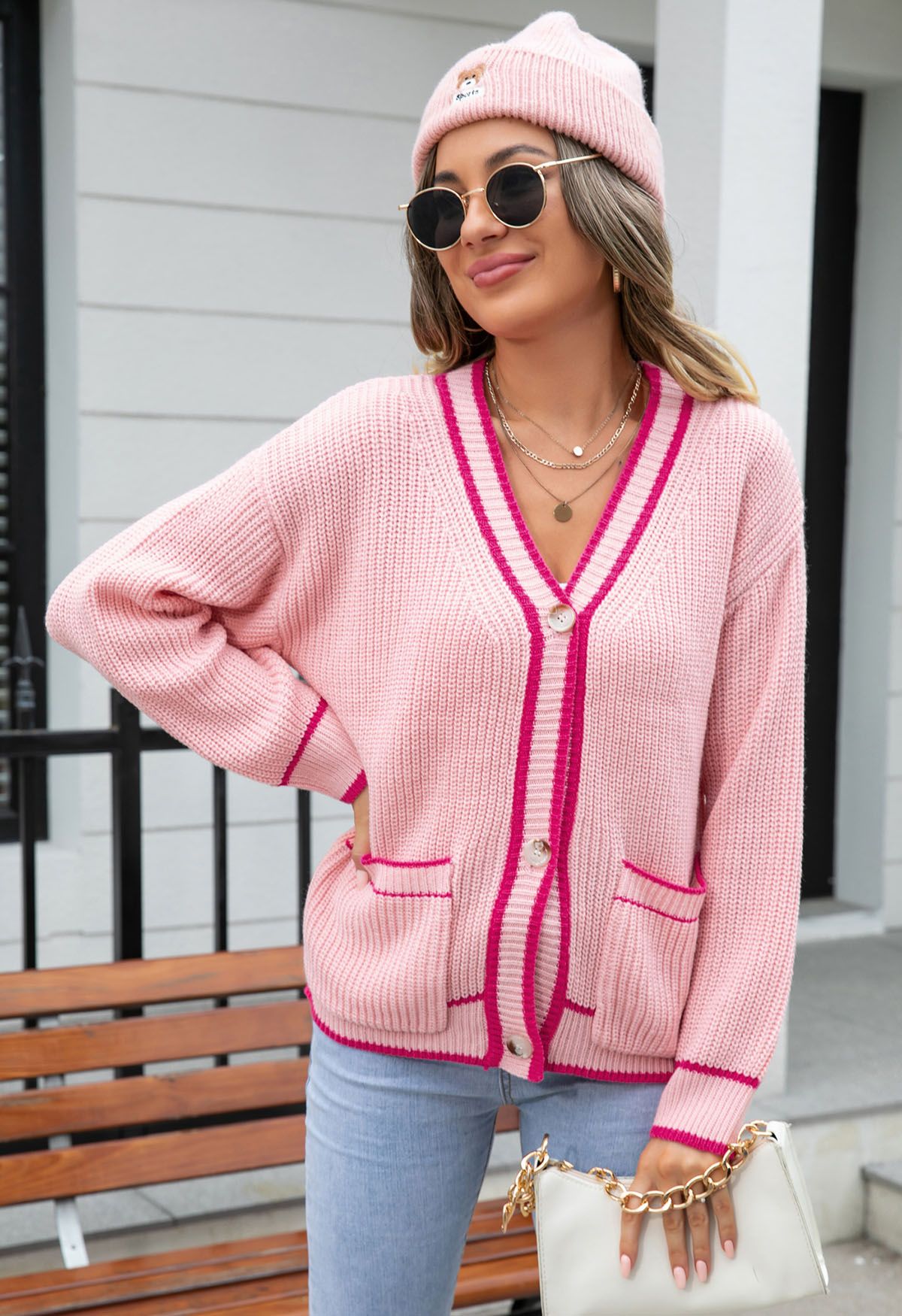 Contrast Line Patch Pocket Waffle Knit Cardigan in Pink