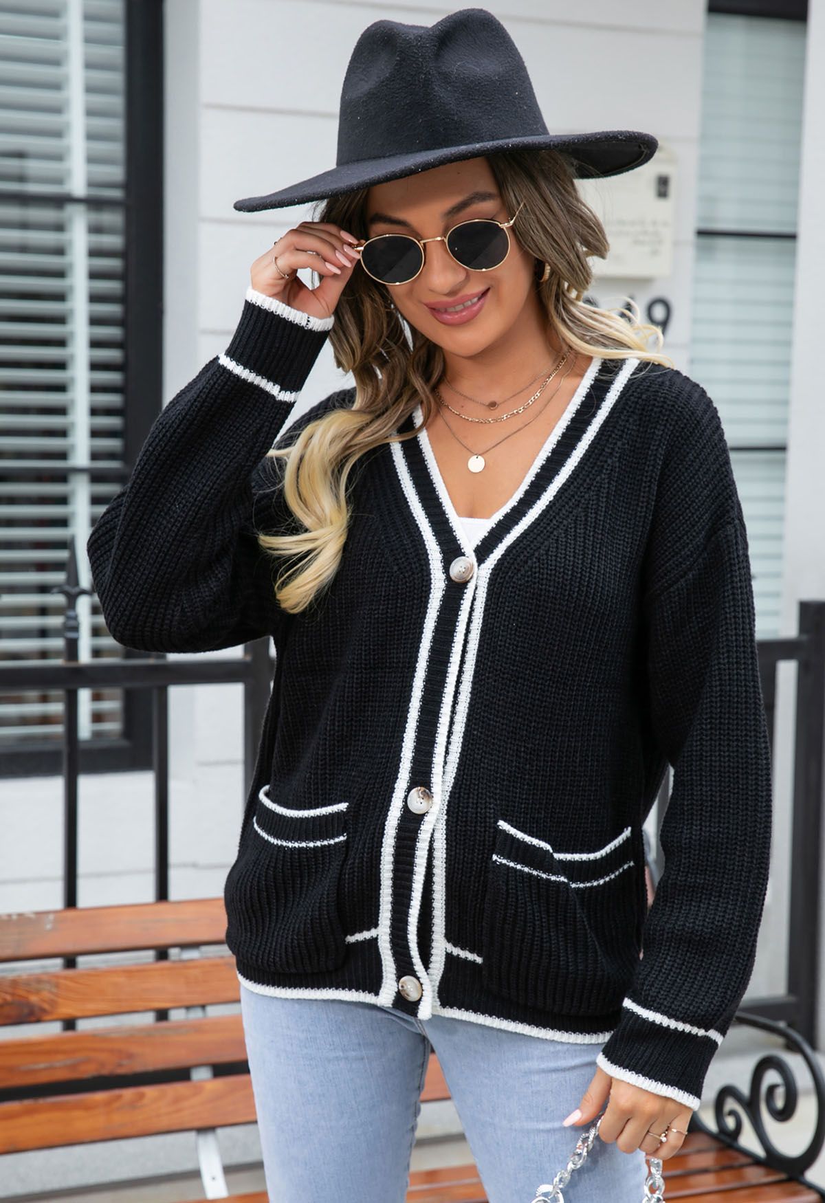 Contrast Line Patch Pocket Waffle Knit Cardigan in Black