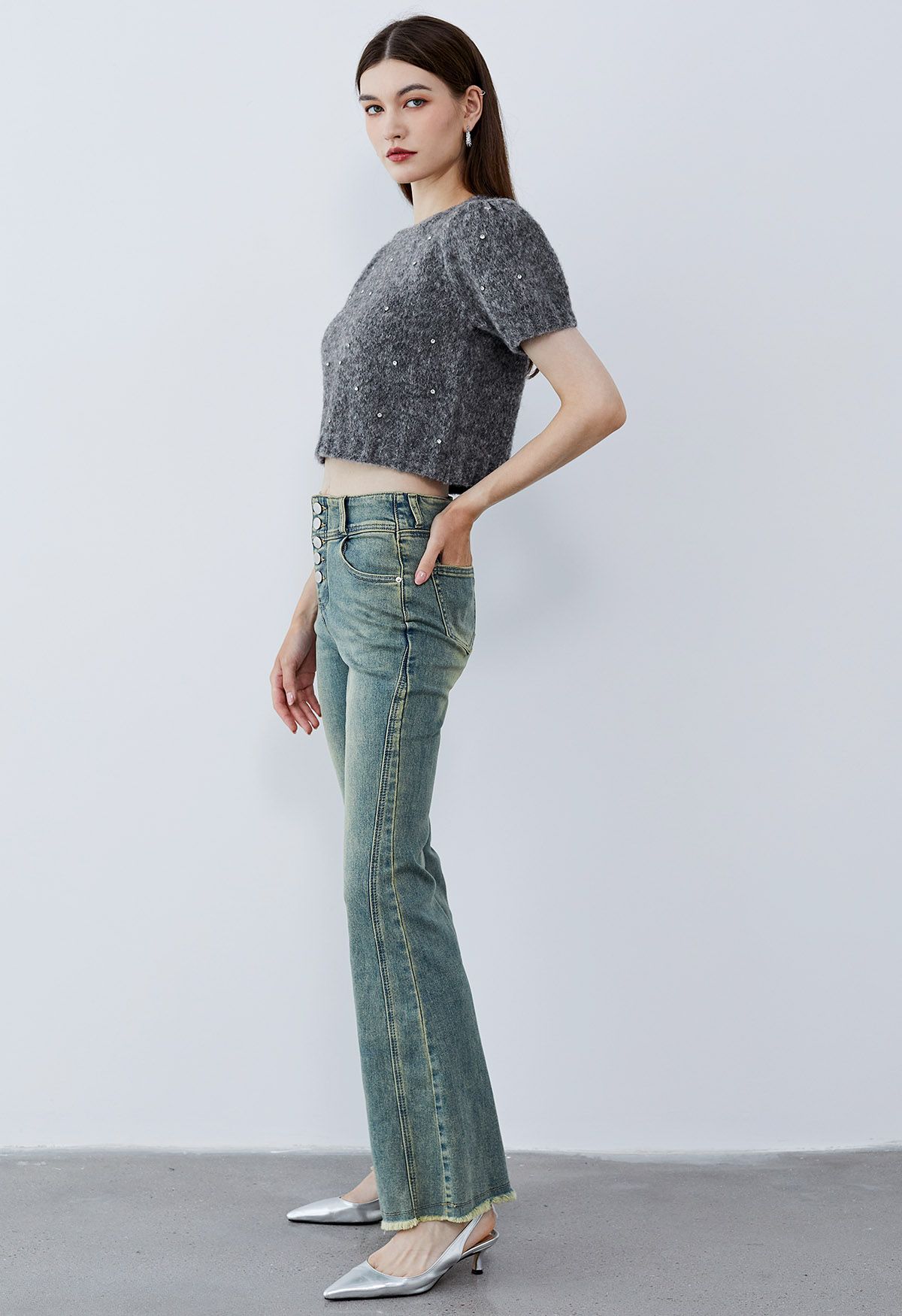 Buttoned High Waist Flare Jeans in Blue