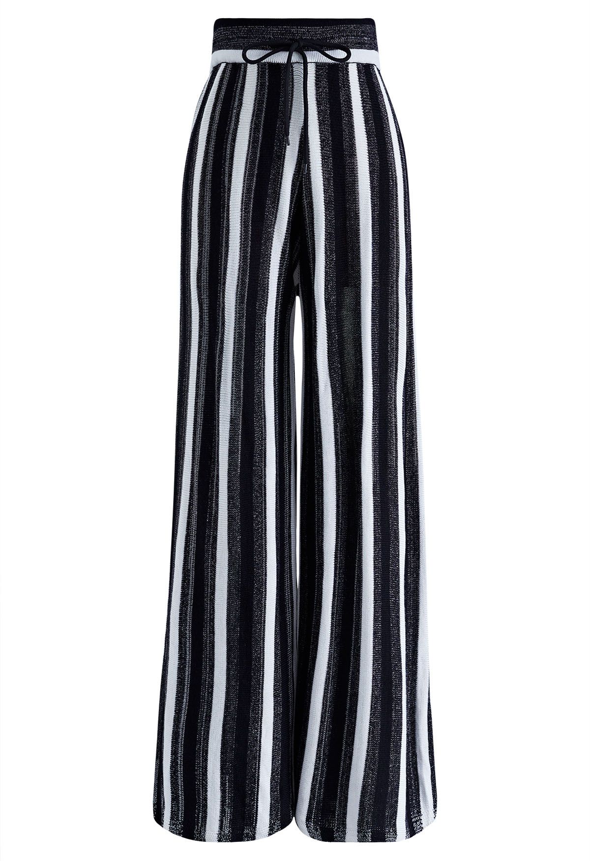 Stripe Pattern Straight-Leg Knit Pants in Black