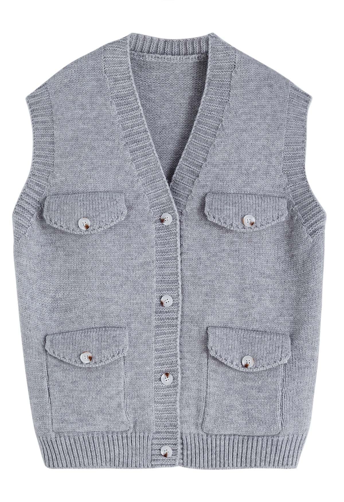 Flap Pocket Button Down Knit Vest in Cream