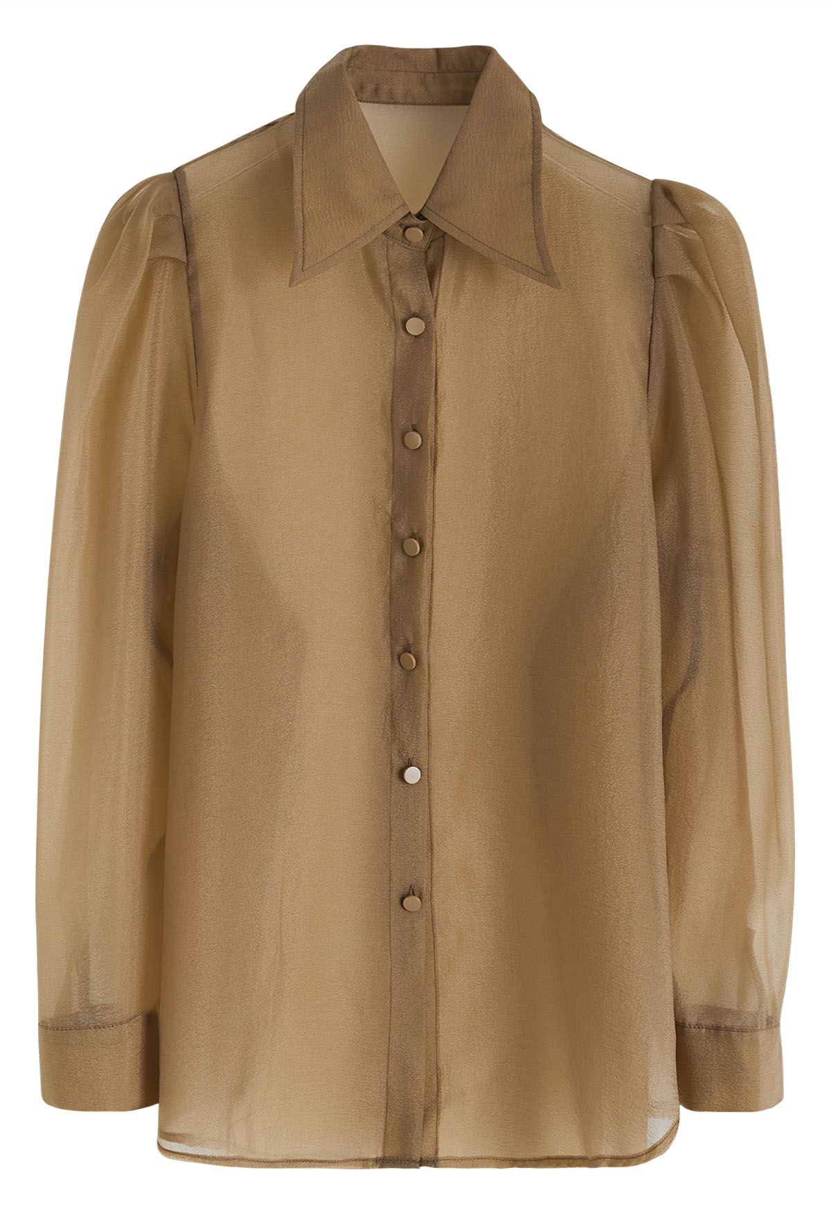 Bubble Sleeves Semi-Sheer Buttoned Shirt in Caramel