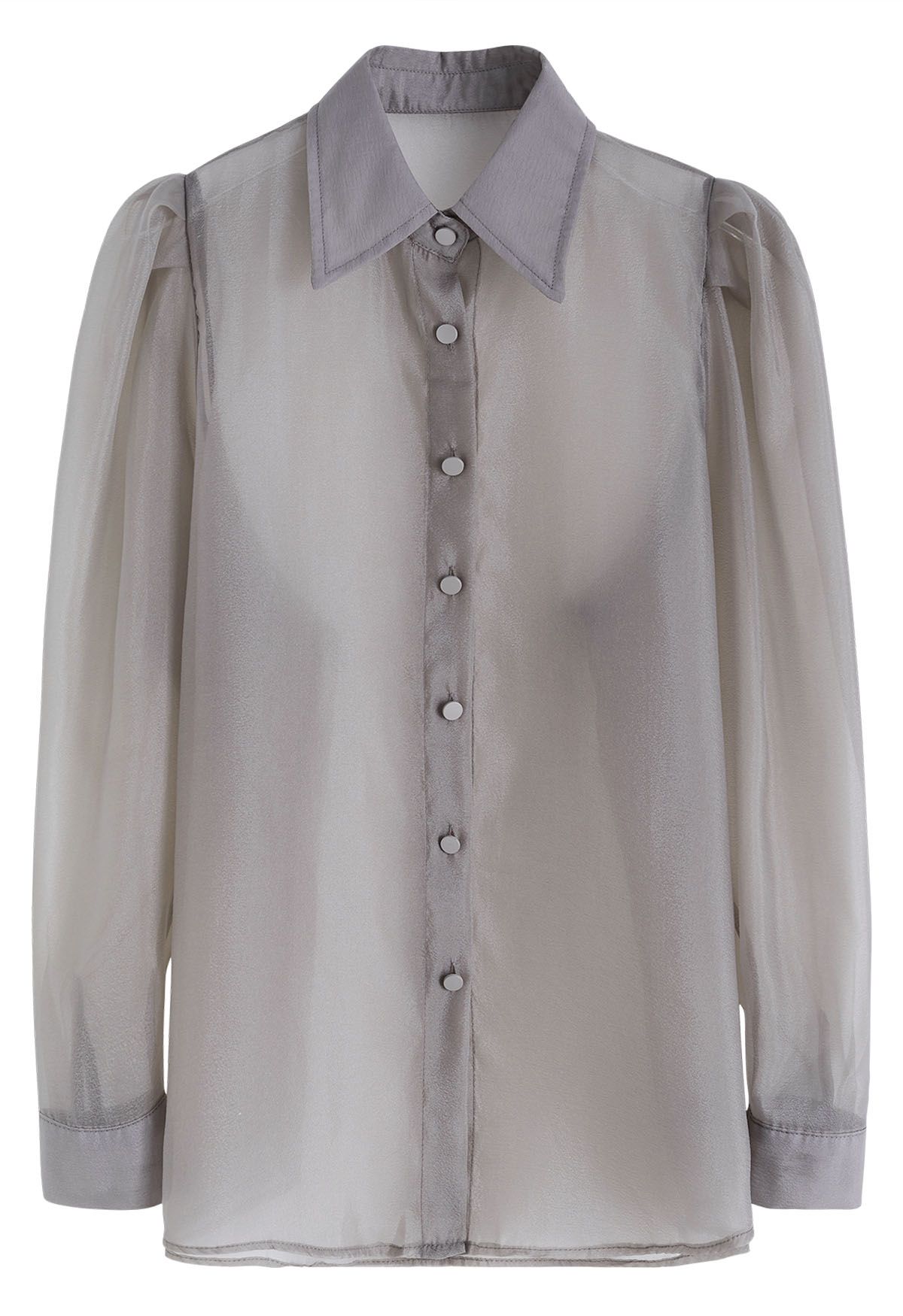 Bubble Sleeves Semi-Sheer Buttoned Shirt in Grey