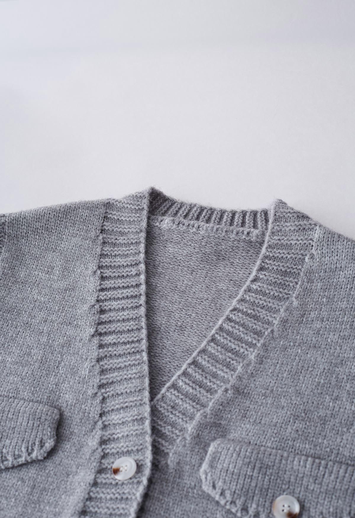 Flap Pocket Button Down Knit Vest in Grey