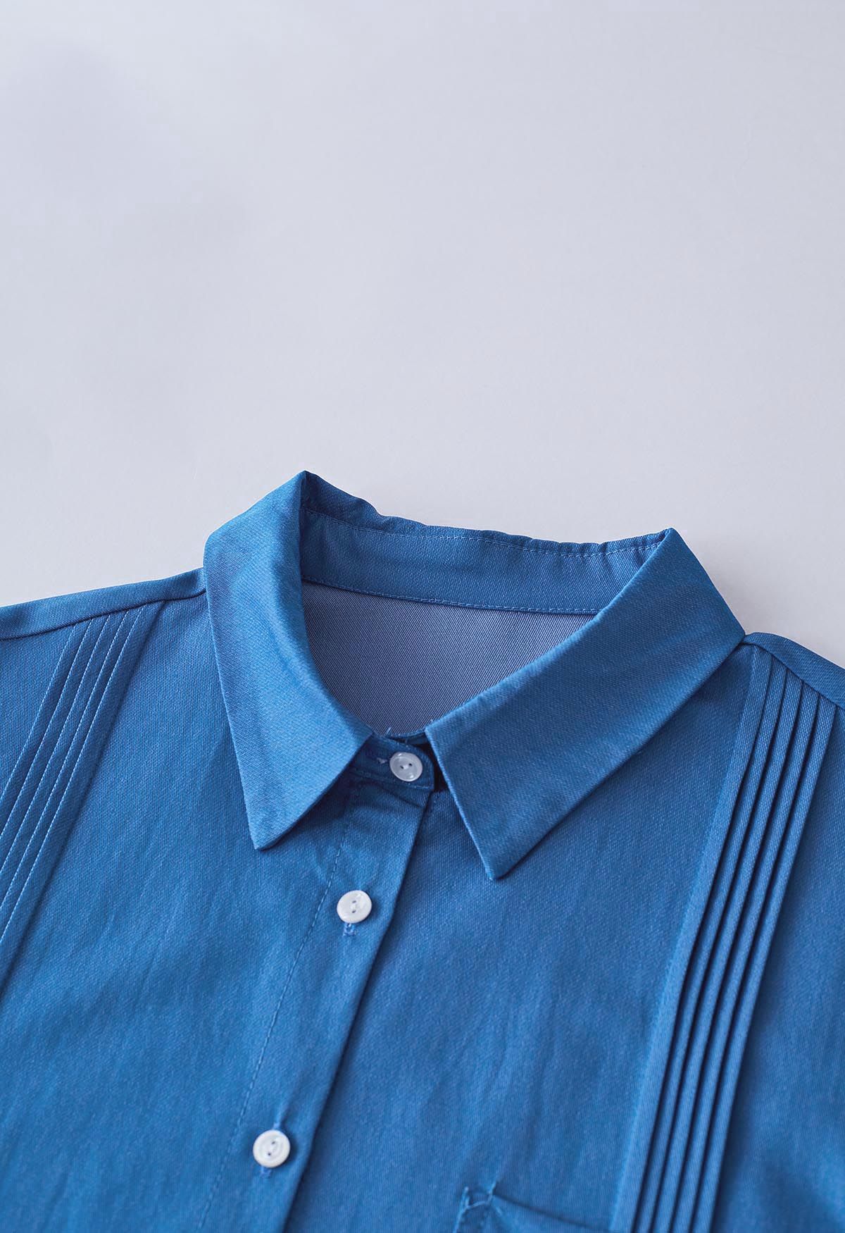 Sleek Pintuck Detail Button Down Shirt in Blue