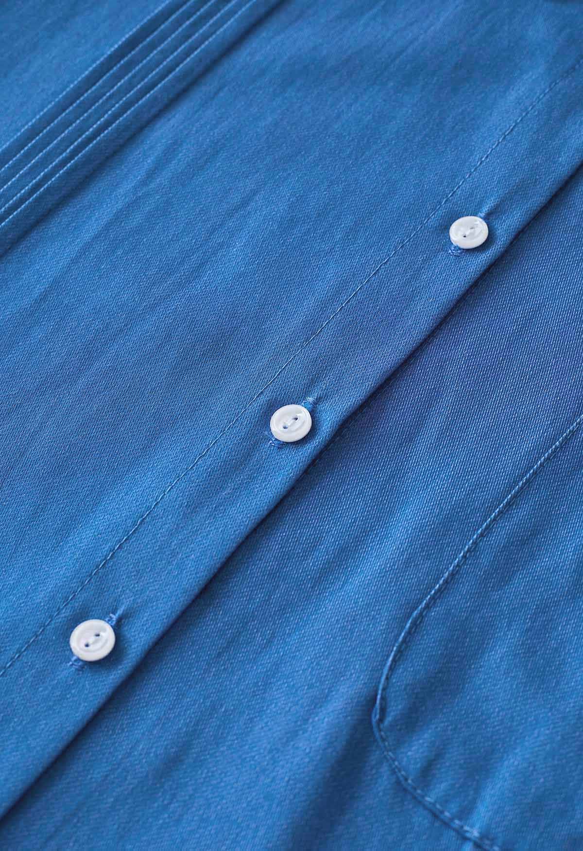 Sleek Pintuck Detail Button Down Shirt in Blue