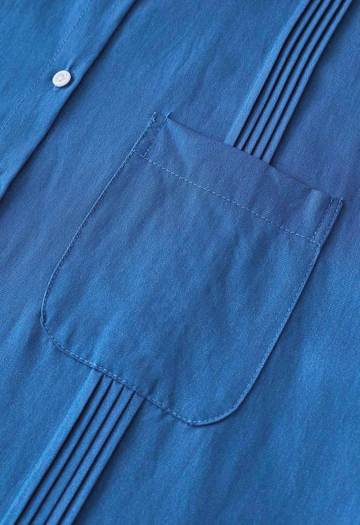 Sleek Pintuck Detail Button Down Shirt in Blue