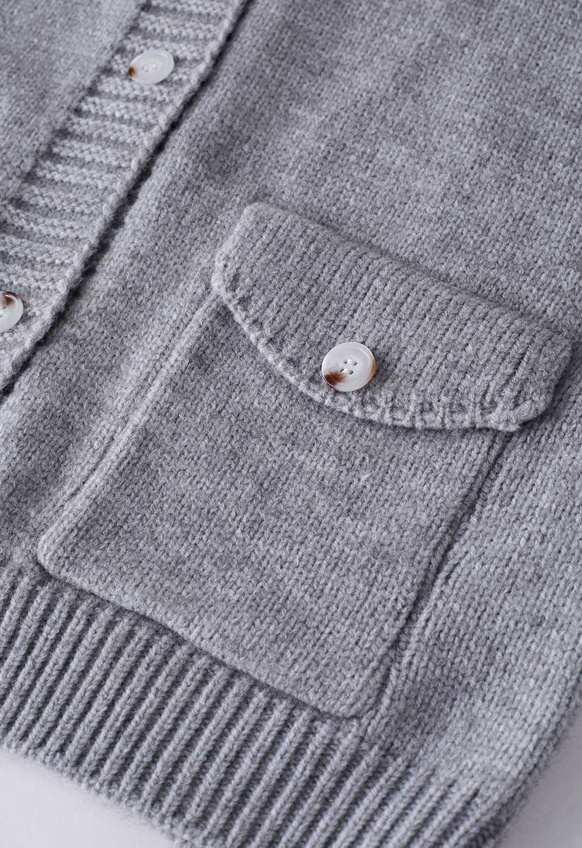 Flap Pocket Button Down Knit Vest in Grey