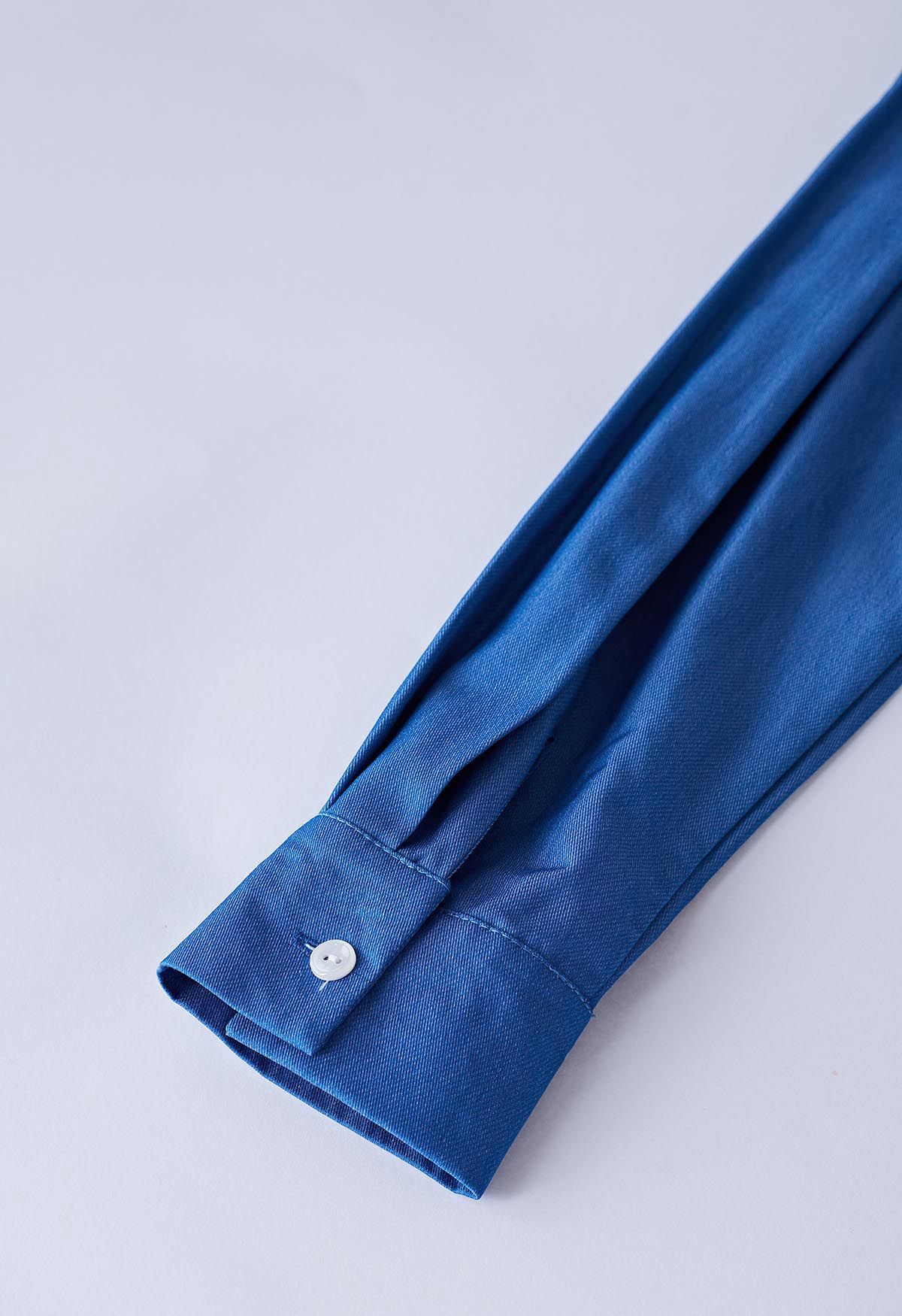 Sleek Pintuck Detail Button Down Shirt in Blue