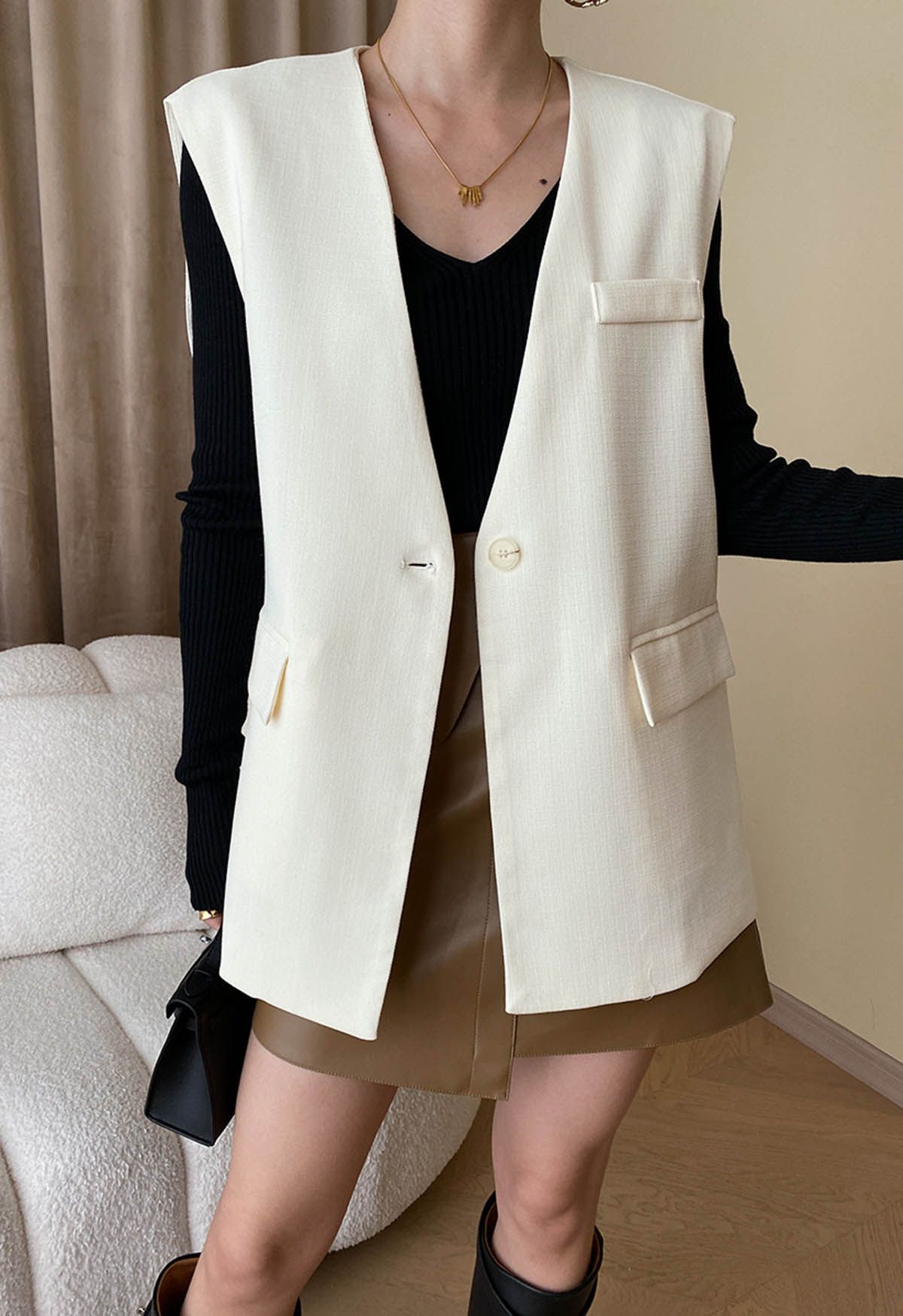 Flap Pocket Vest Blazer in Ivory