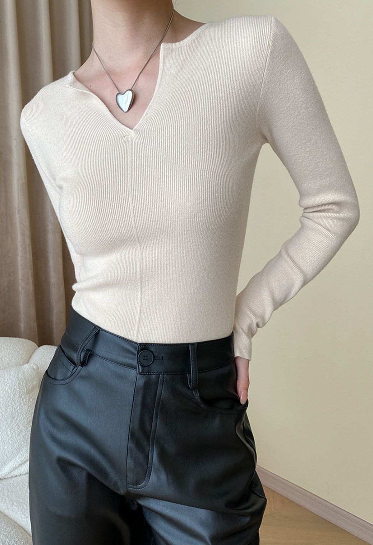 Notch Neckline Fitted Knit Top in Cream - Retro, Indie and Unique Fashion