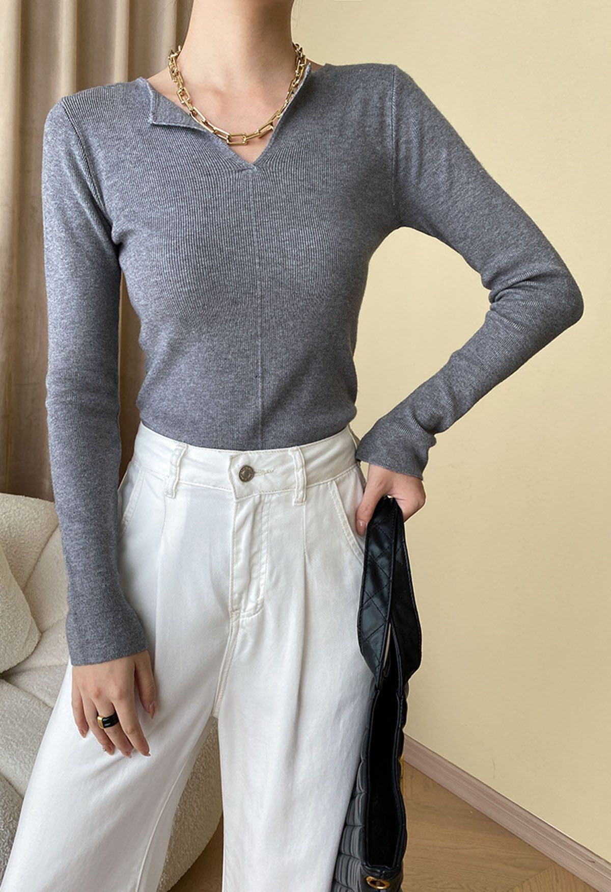 Notch Neckline Fitted Knit Top in Grey - Retro, Indie and Unique Fashion