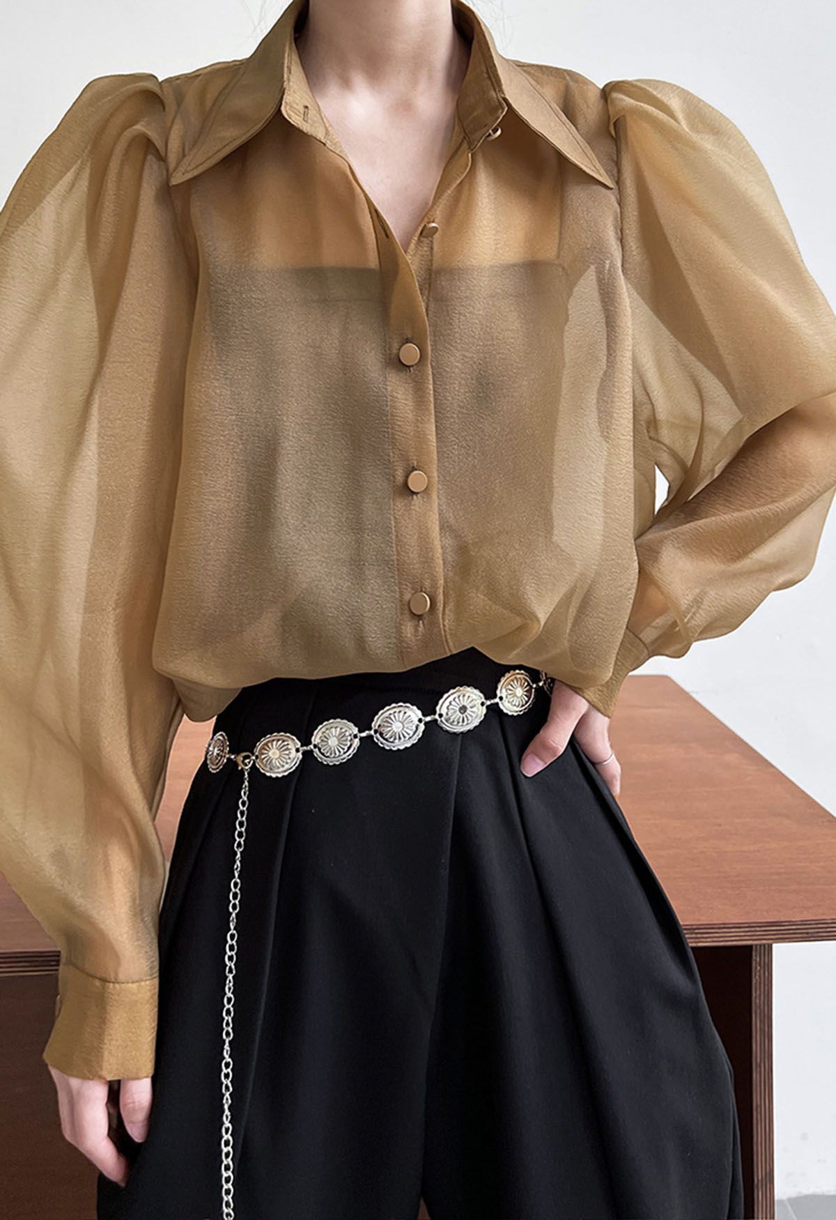 Bubble Sleeves Semi-Sheer Buttoned Shirt in Caramel