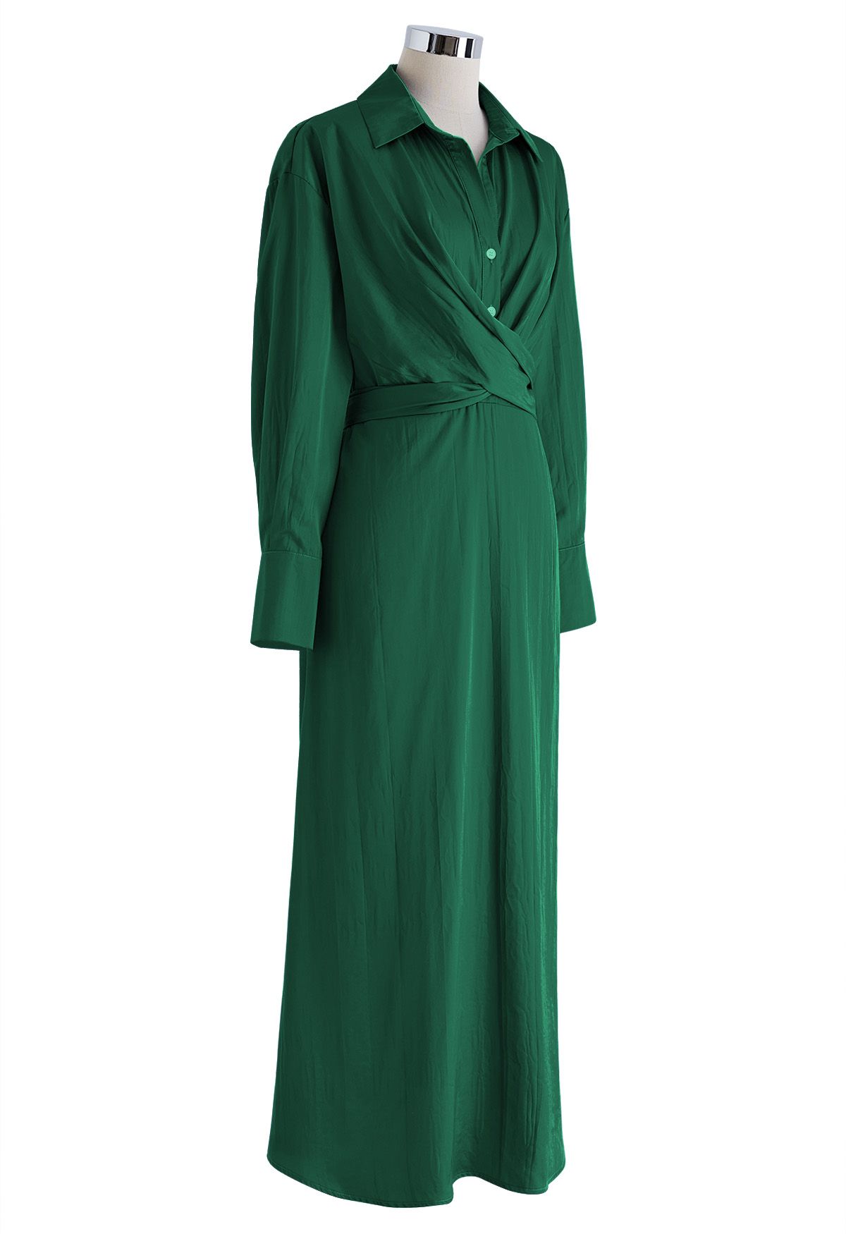 Texture Satin Tie-Back Shirt Dress in Dark Green