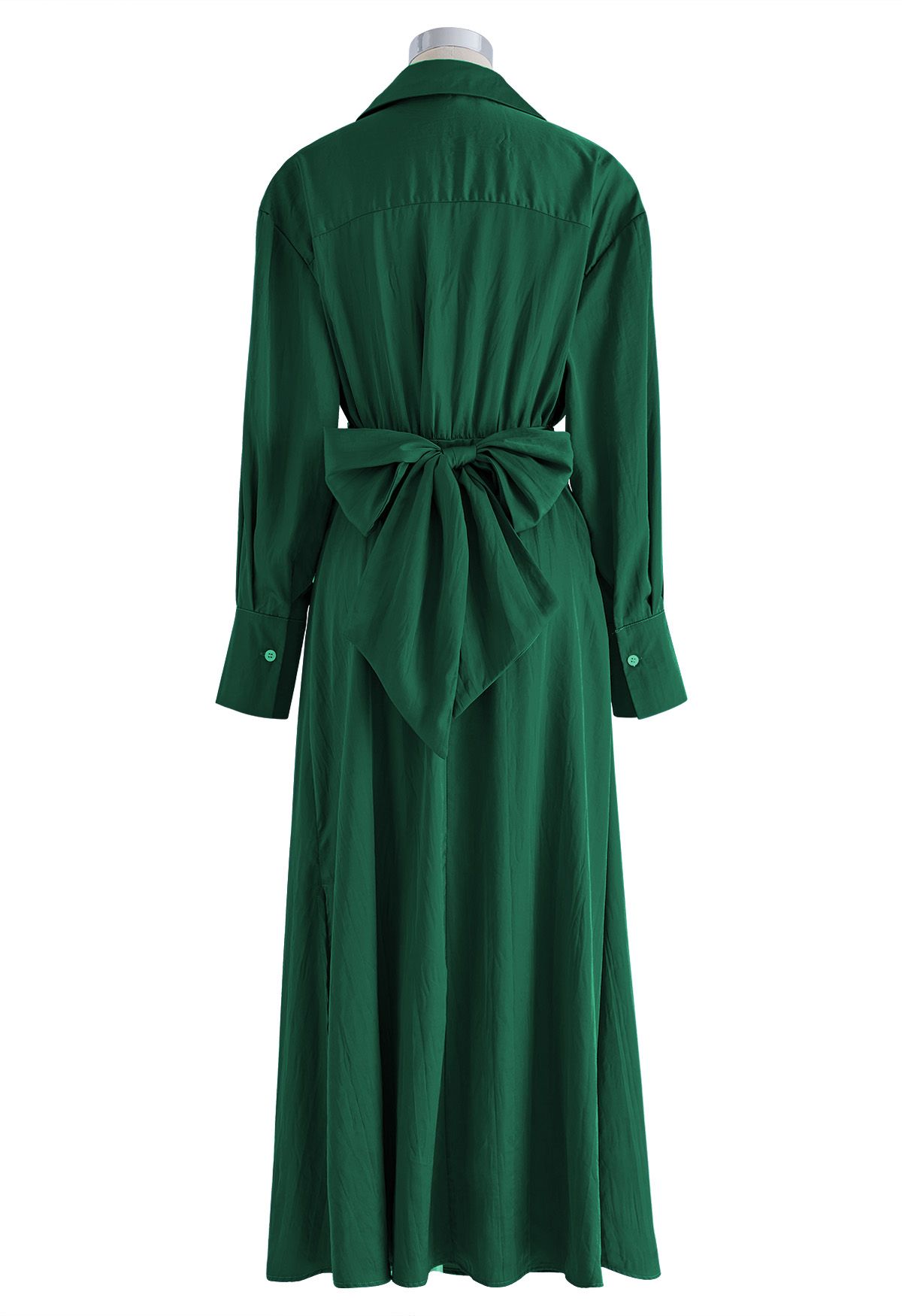 Texture Satin Tie-Back Shirt Dress in Dark Green