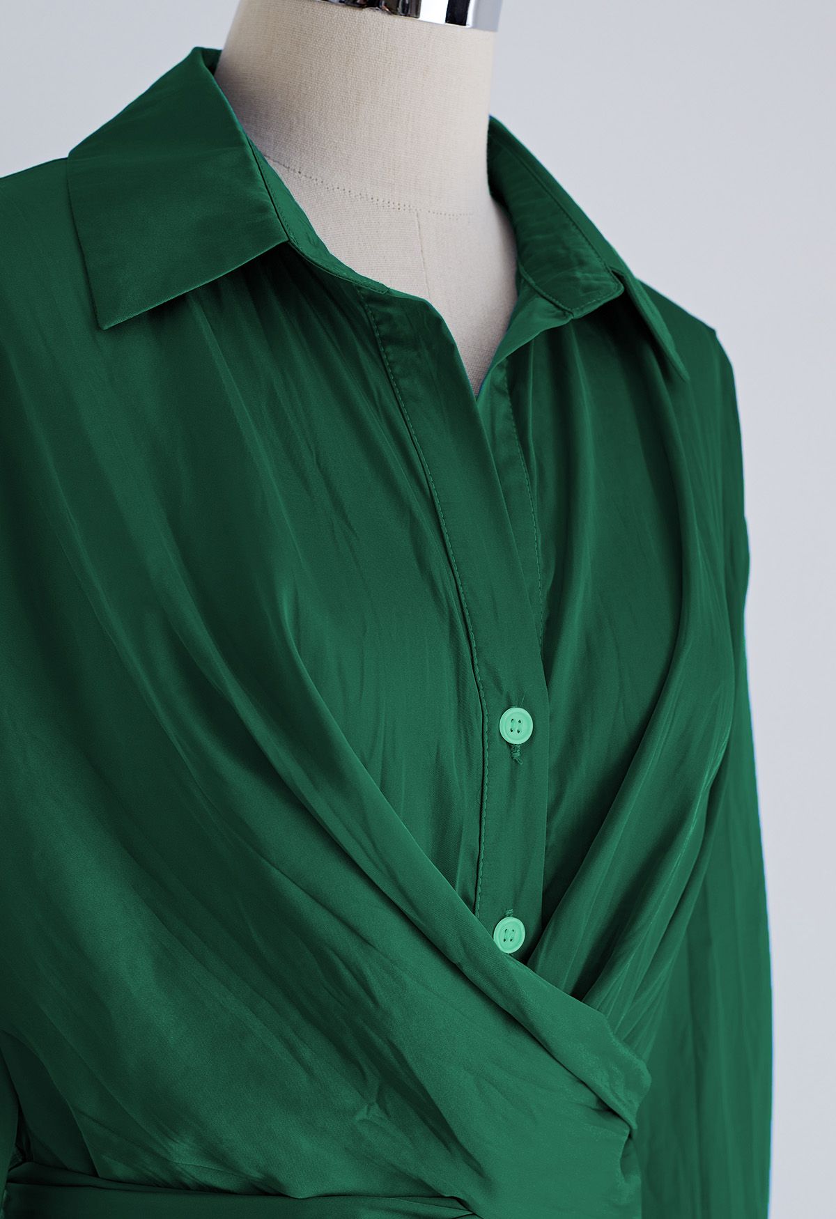 Texture Satin Tie-Back Shirt Dress in Dark Green