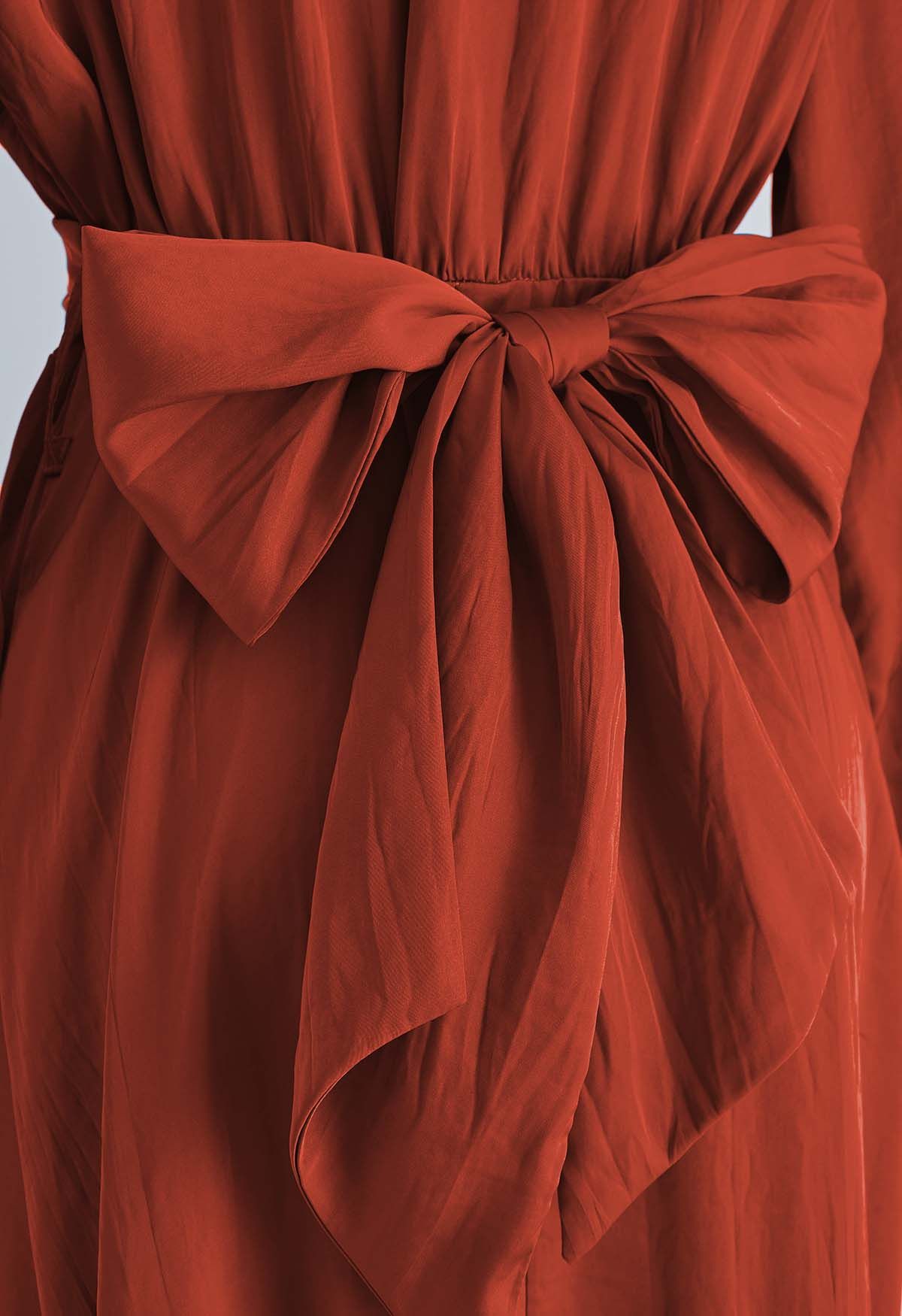 Texture Satin Tie-Back Shirt Dress in Orange