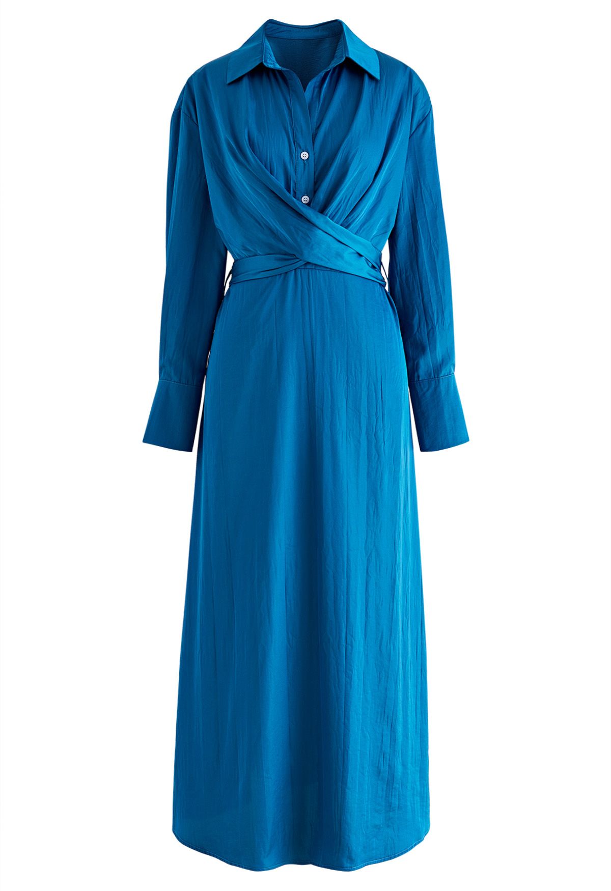 Texture Satin Tie-Back Shirt Dress in Teal