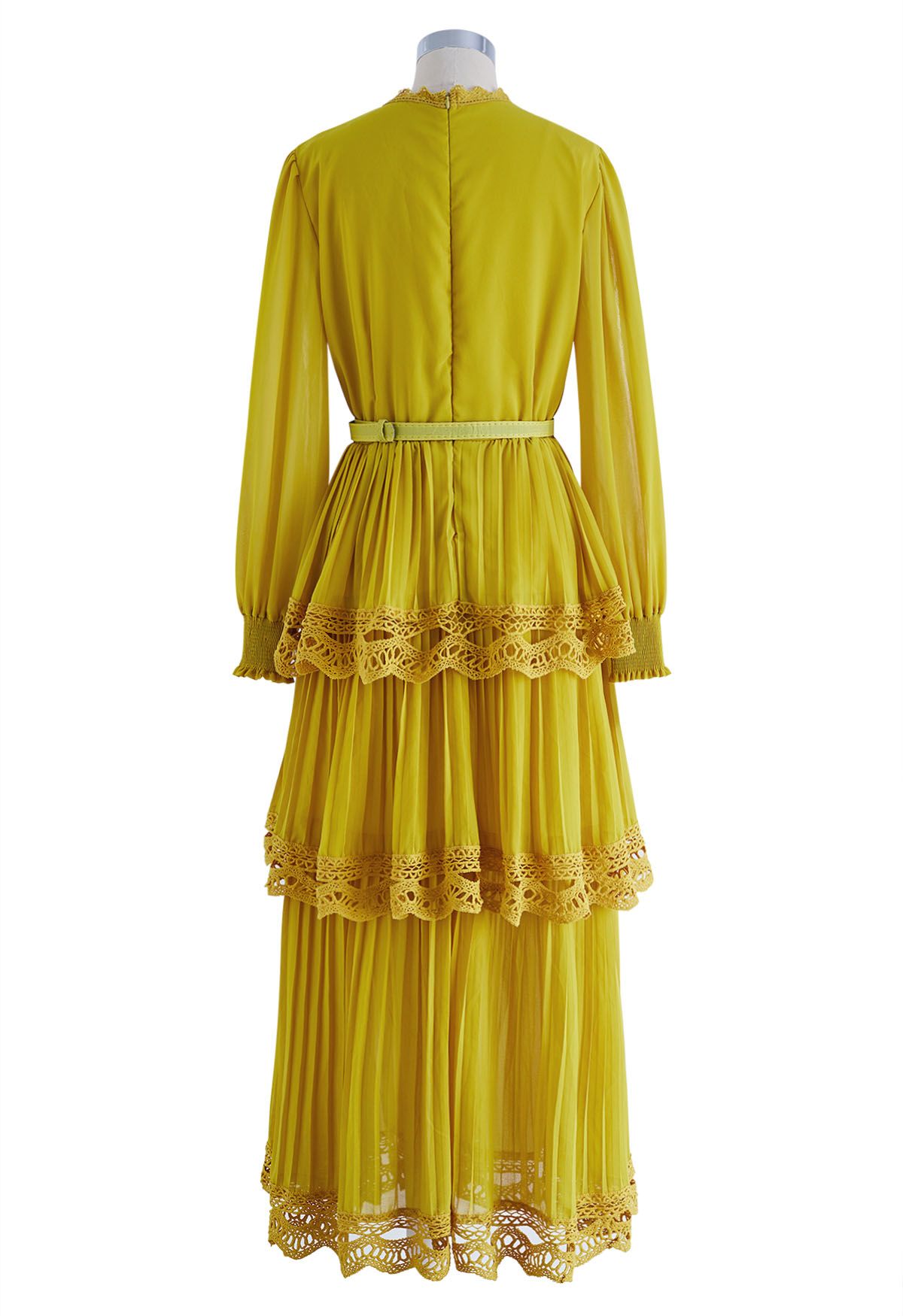 Crochet Lace Pleated Tiered Chiffon Maxi Dress in Yellow