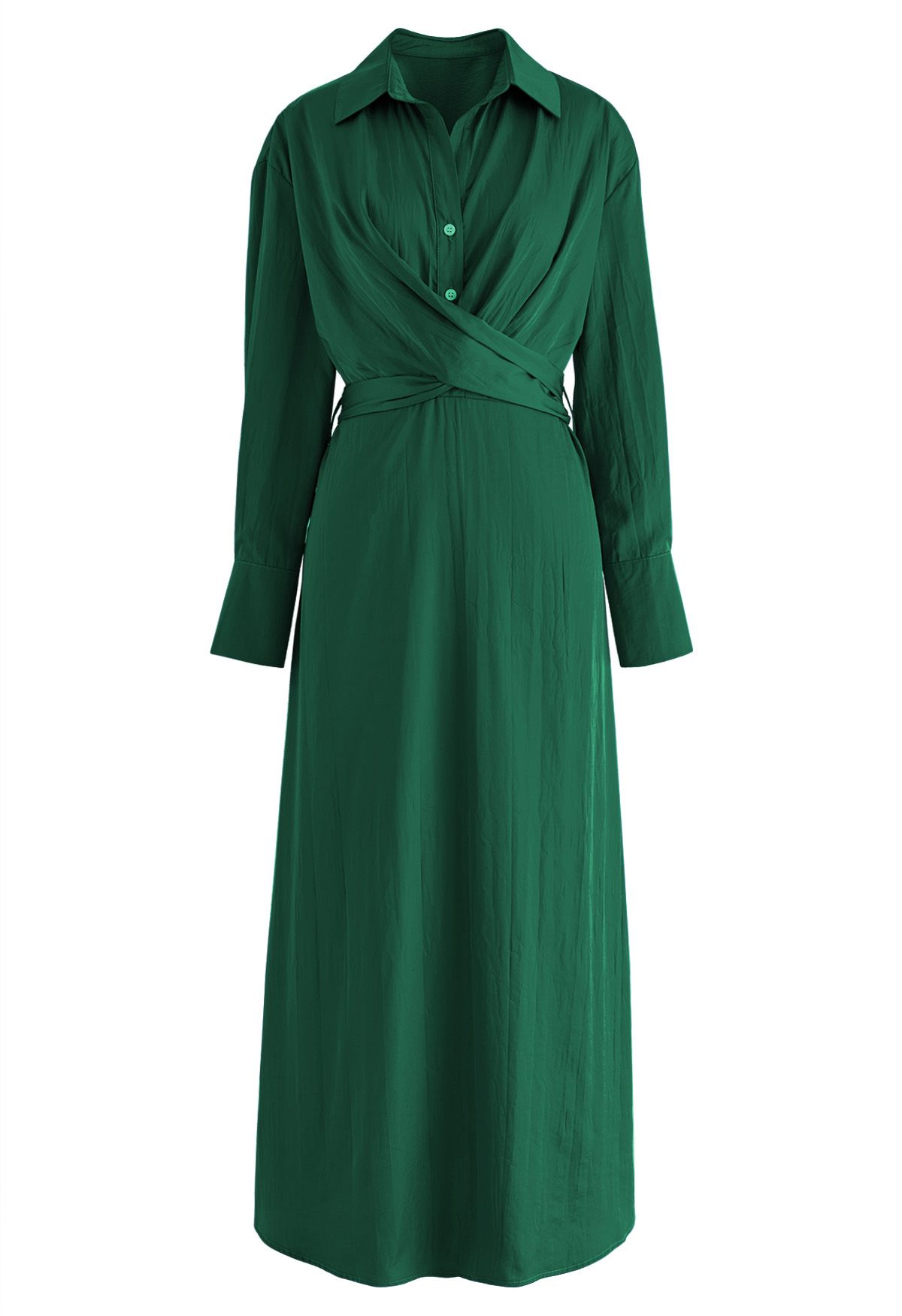 Texture Satin Tie-Back Shirt Dress in Dark Green