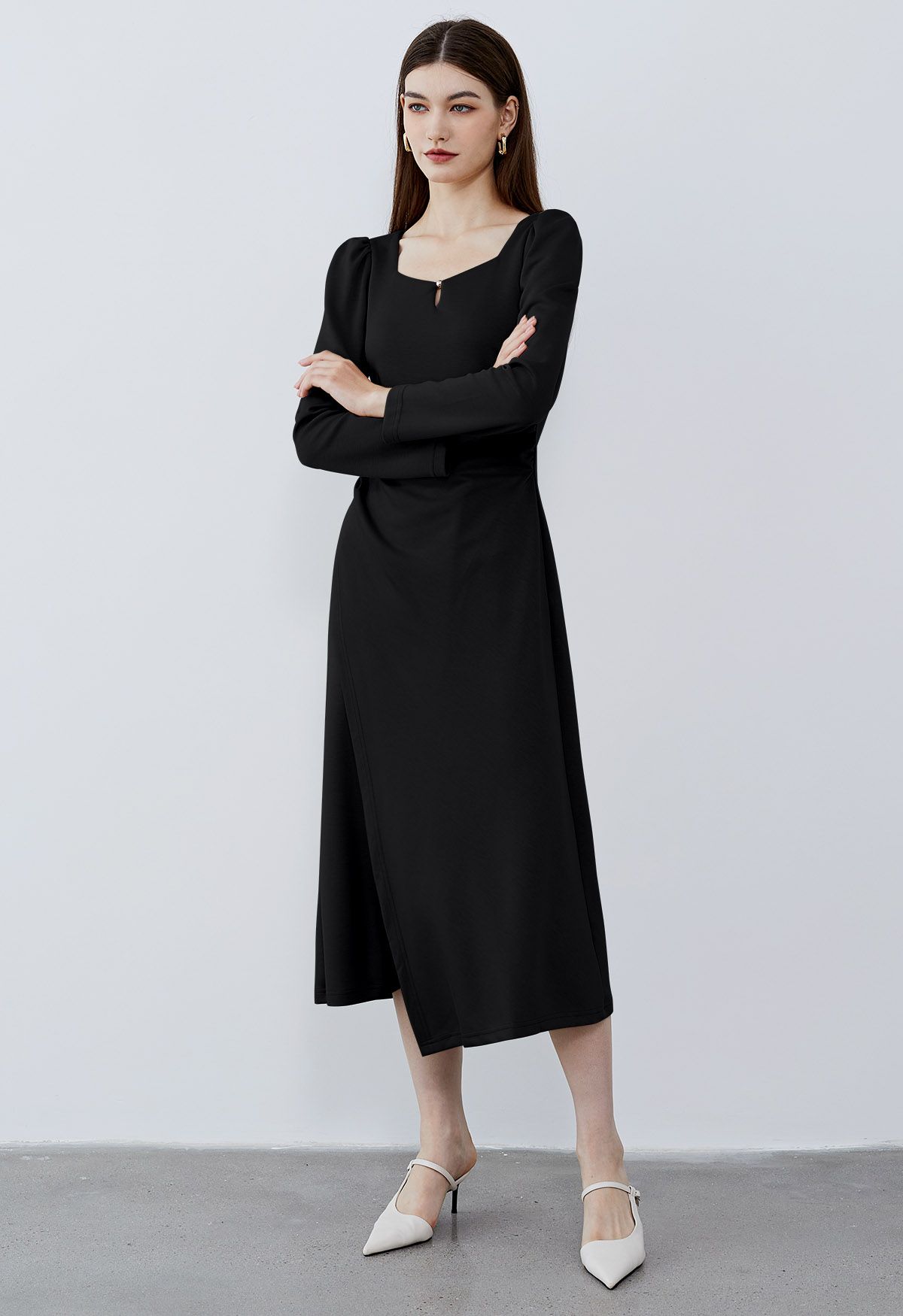 Square Neck Ruched Waist Flap Midi Dress in Black