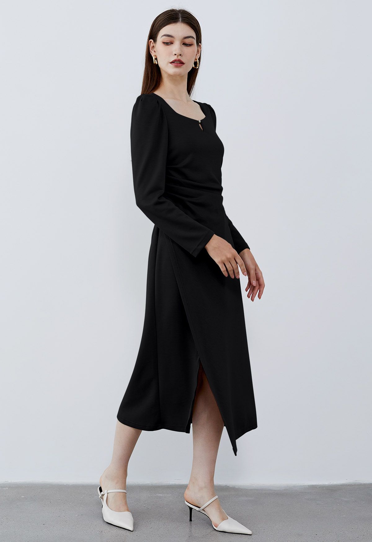 Square Neck Ruched Waist Flap Midi Dress in Black