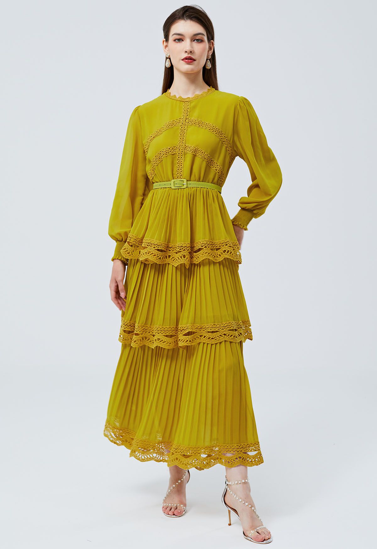 Crochet Lace Pleated Tiered Chiffon Maxi Dress in Yellow - Retro, Indie ...