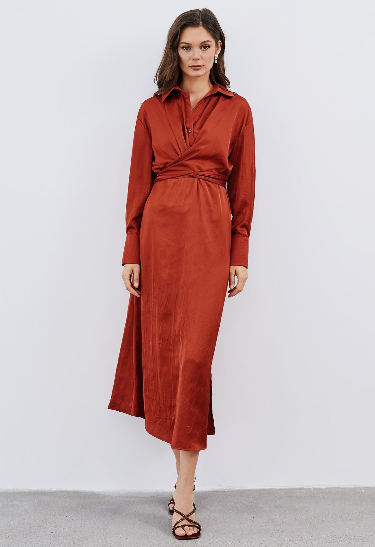 Texture Satin Tie-Back Shirt Dress in Orange