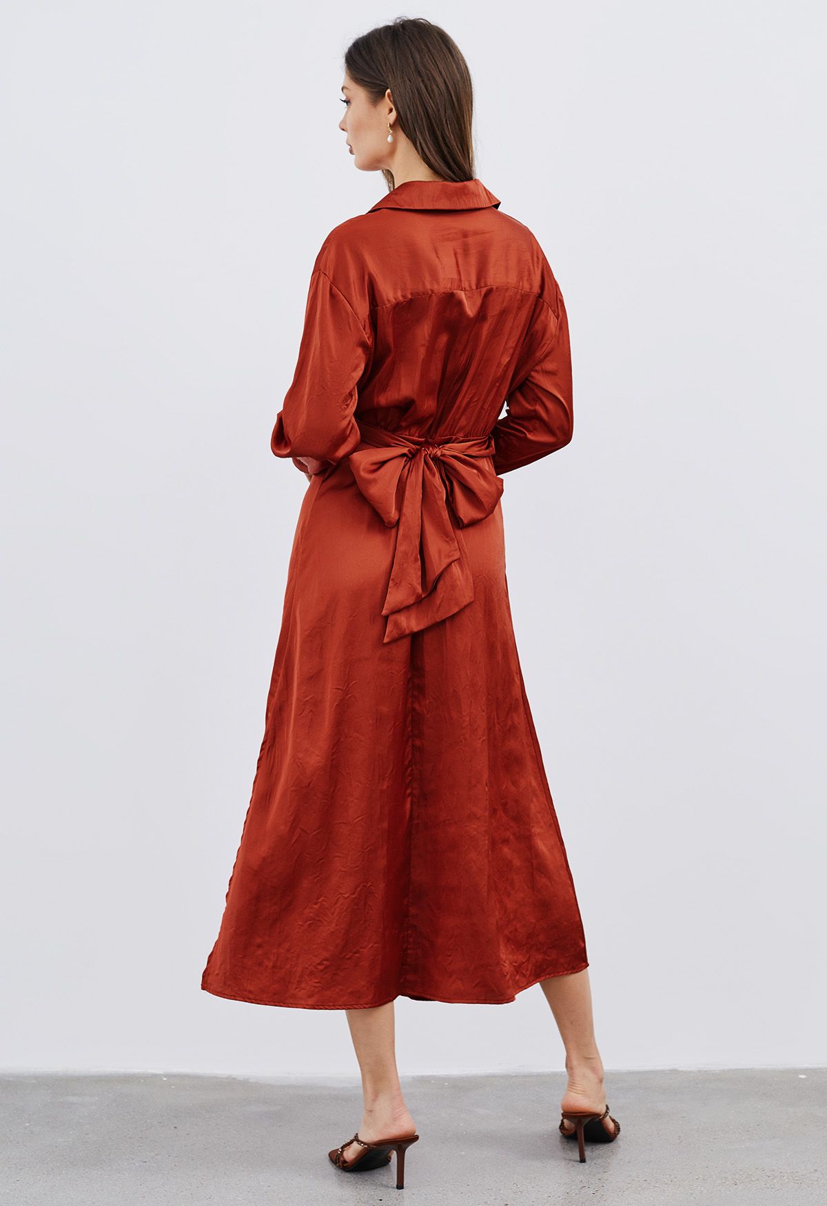 Texture Satin Tie-Back Shirt Dress in Orange